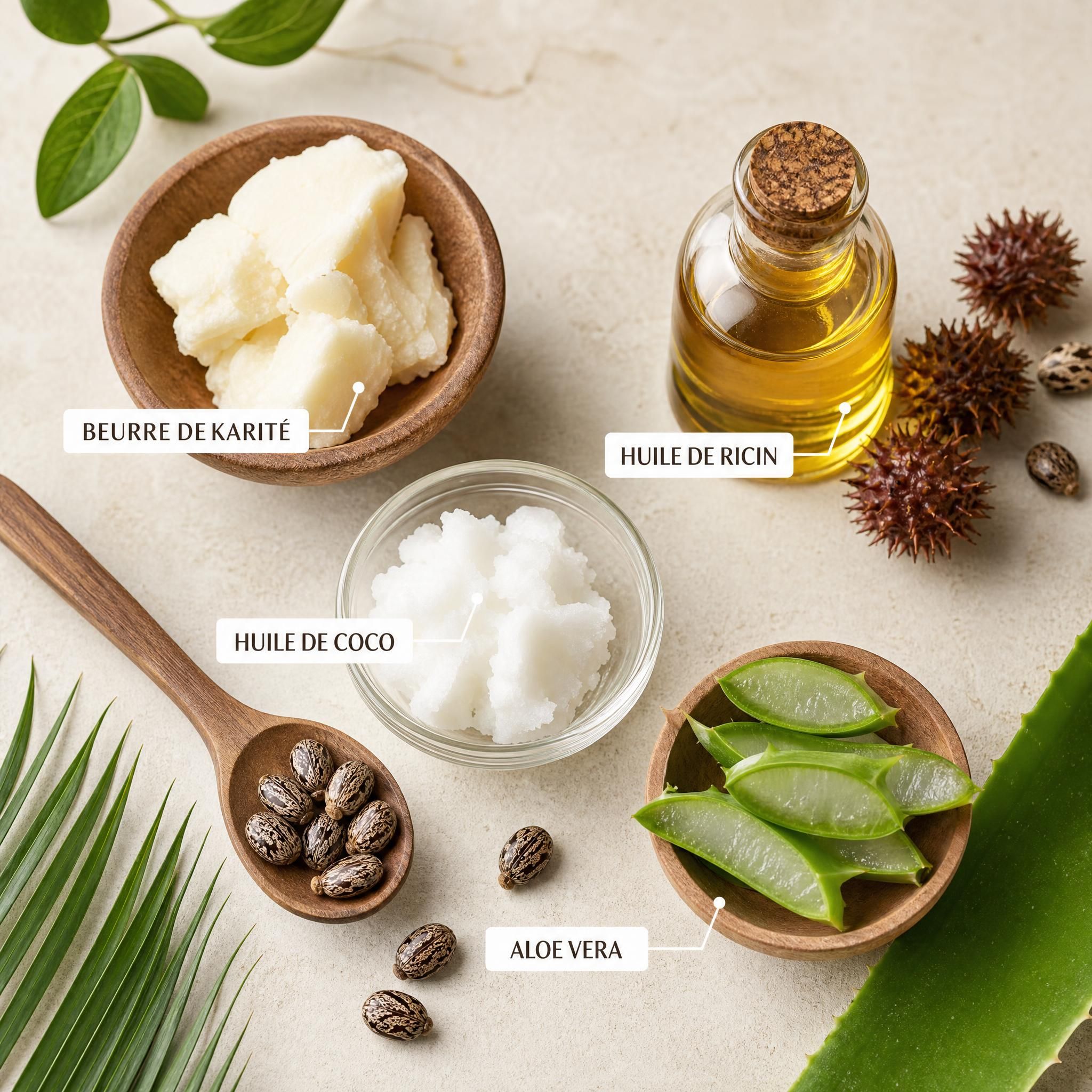 flat lay d'ingrédients naturels pour soins capillaires - beurre de karité, huile de ricin, huile de coco, aloe vera sur fond naturel