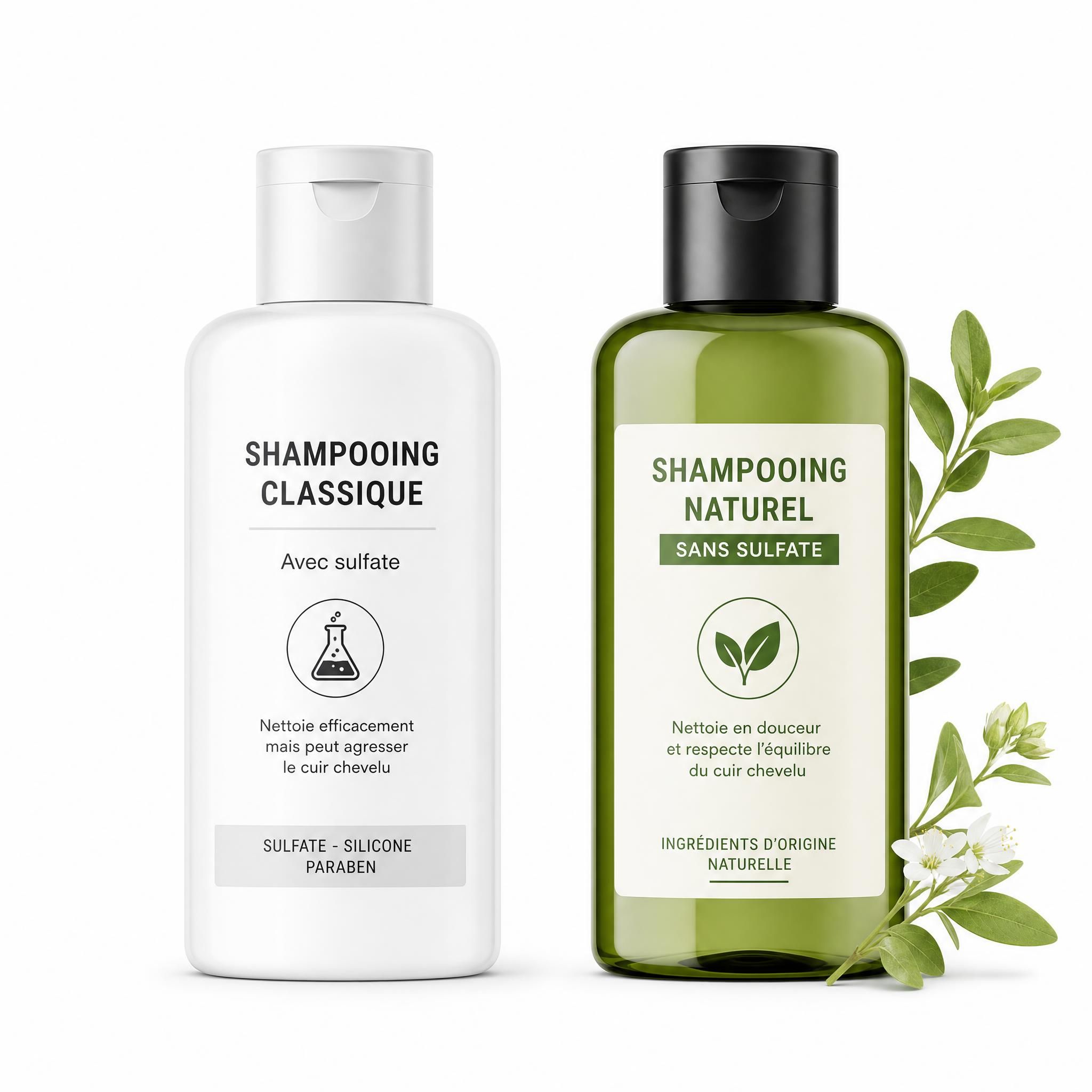 deux flacons de shampoing côte à côte, l'un classique et l'autre naturel sans sulfate, sur fond blanc minimaliste
