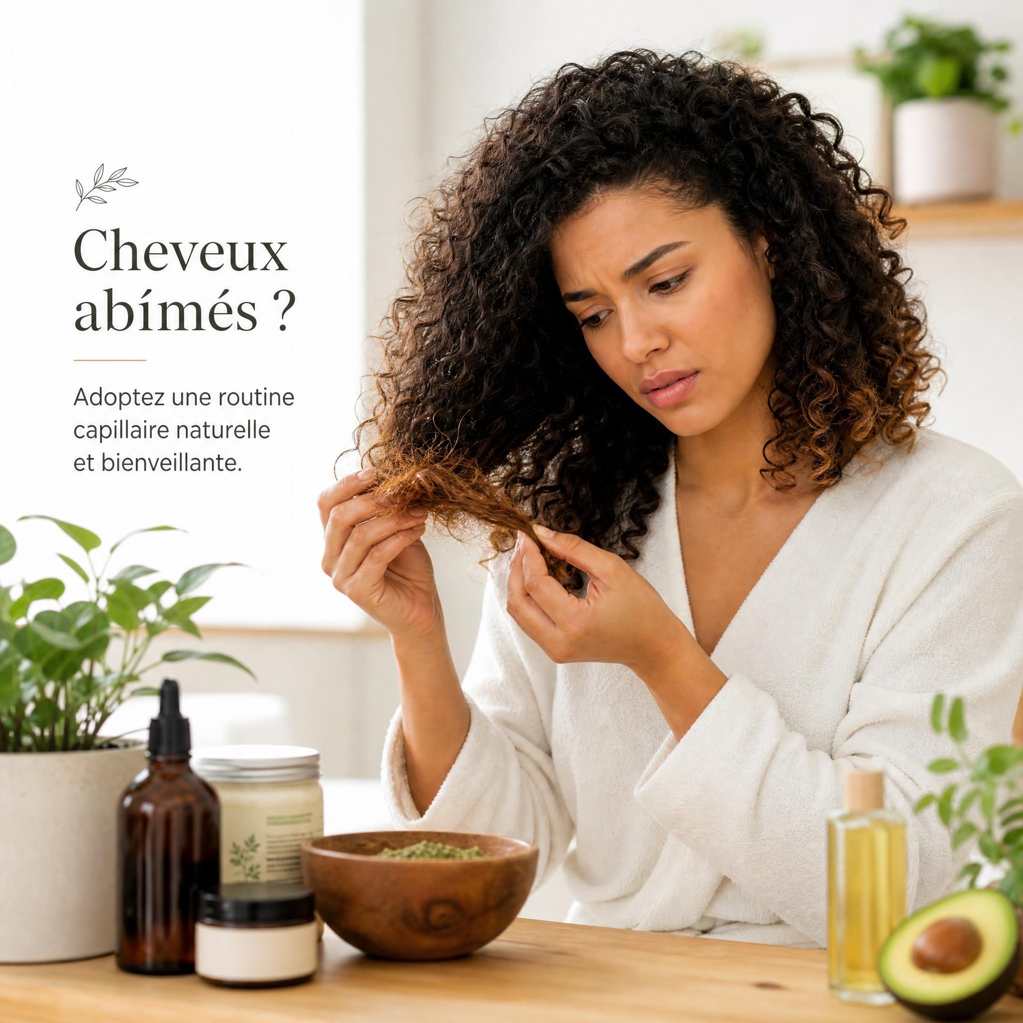 Femme aux cheveux bouclés naturels regardant ses pointes abîmées avec un air préoccupé, soins capillaires naturels