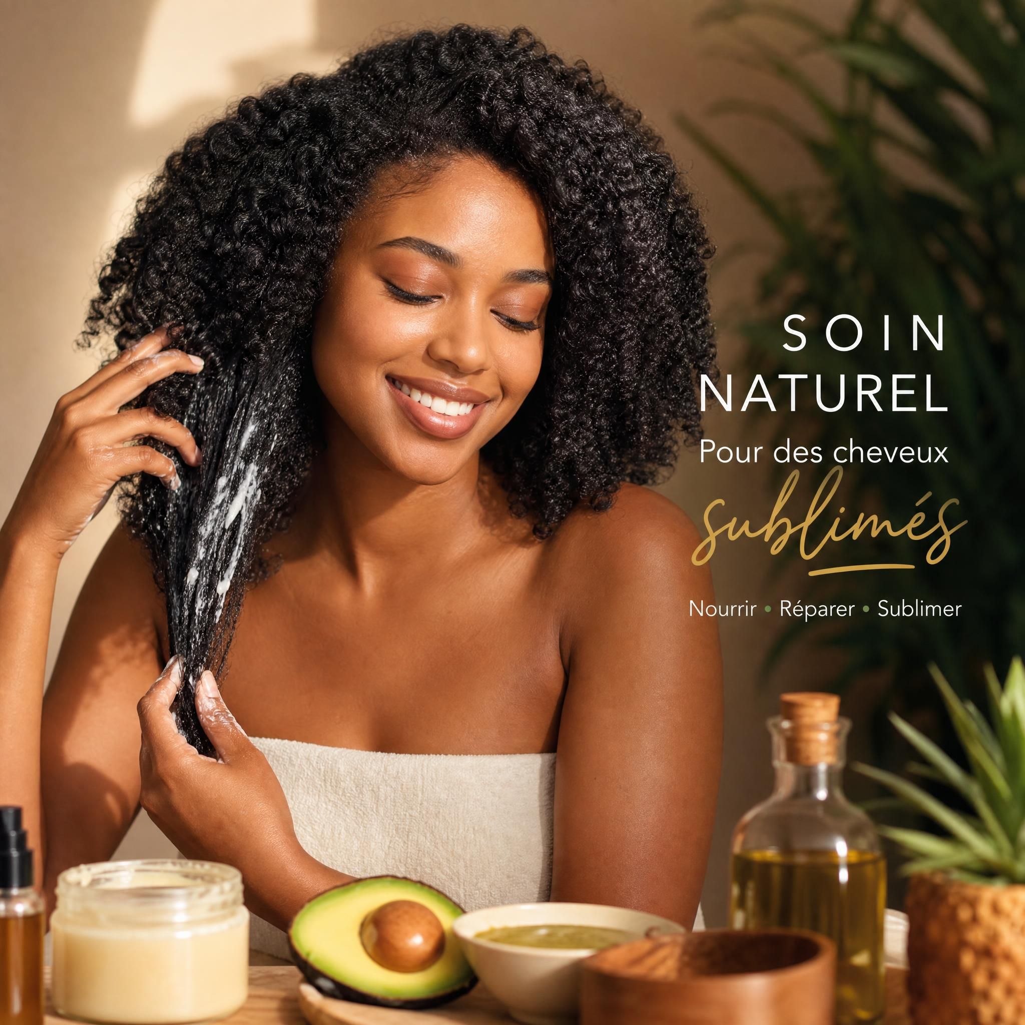 Femme aux cheveux bouclés naturels souriante, appliquant un soin capillaire naturel, lumière dorée, beauté naturelle afro