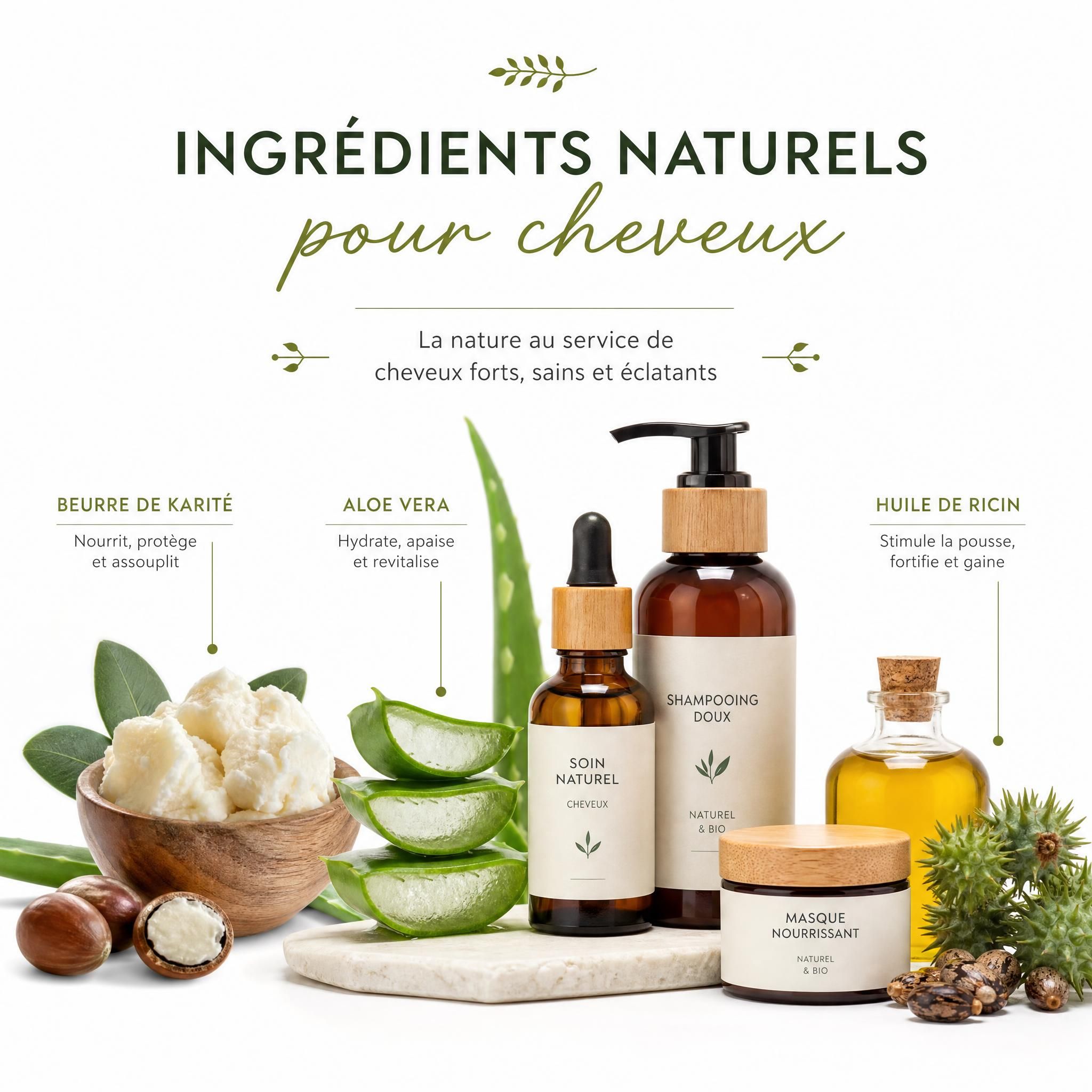 Ingrédients naturels pour cheveux — beurre de karité, aloe vera, huile de ricin, flacons de soins naturels sur fond blanc épuré