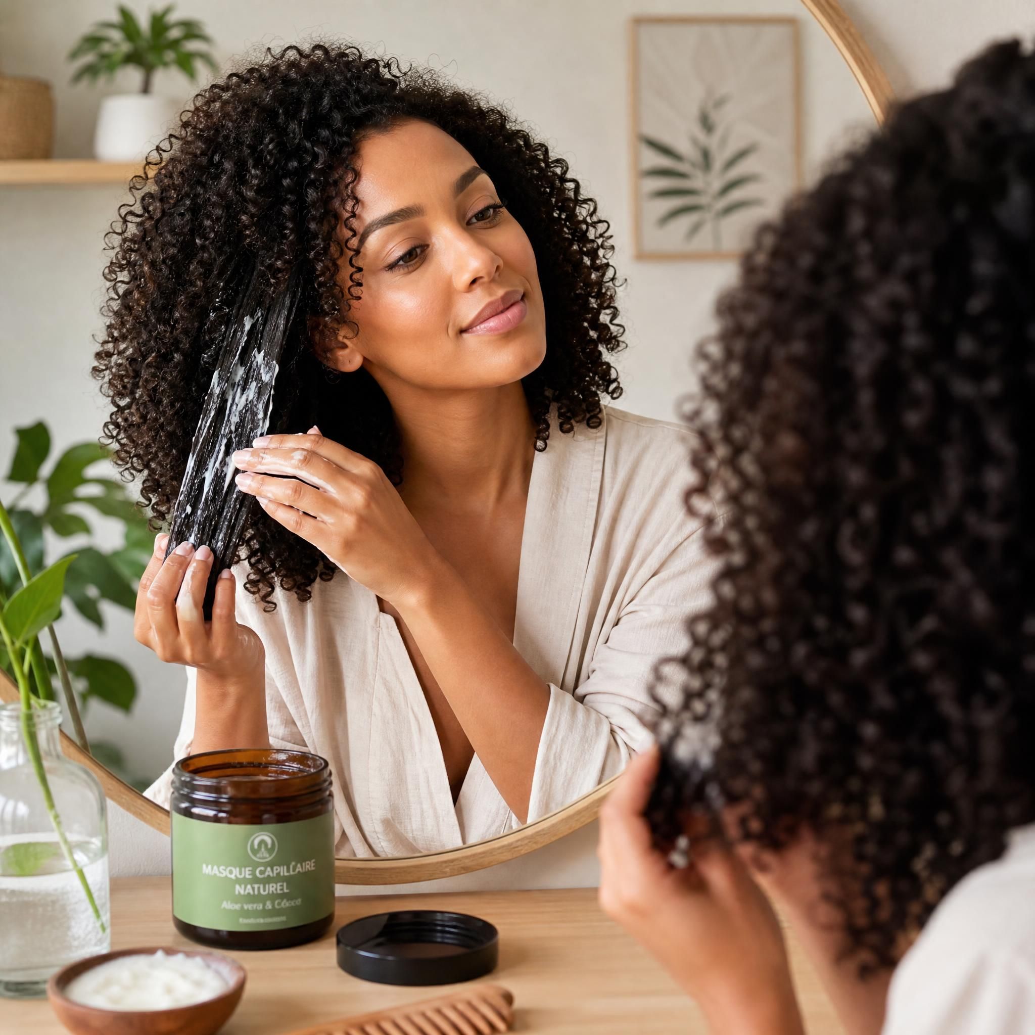 femme aux cheveux bouclés naturels et bien définis appliquant un soin capillaire naturel devant son miroir