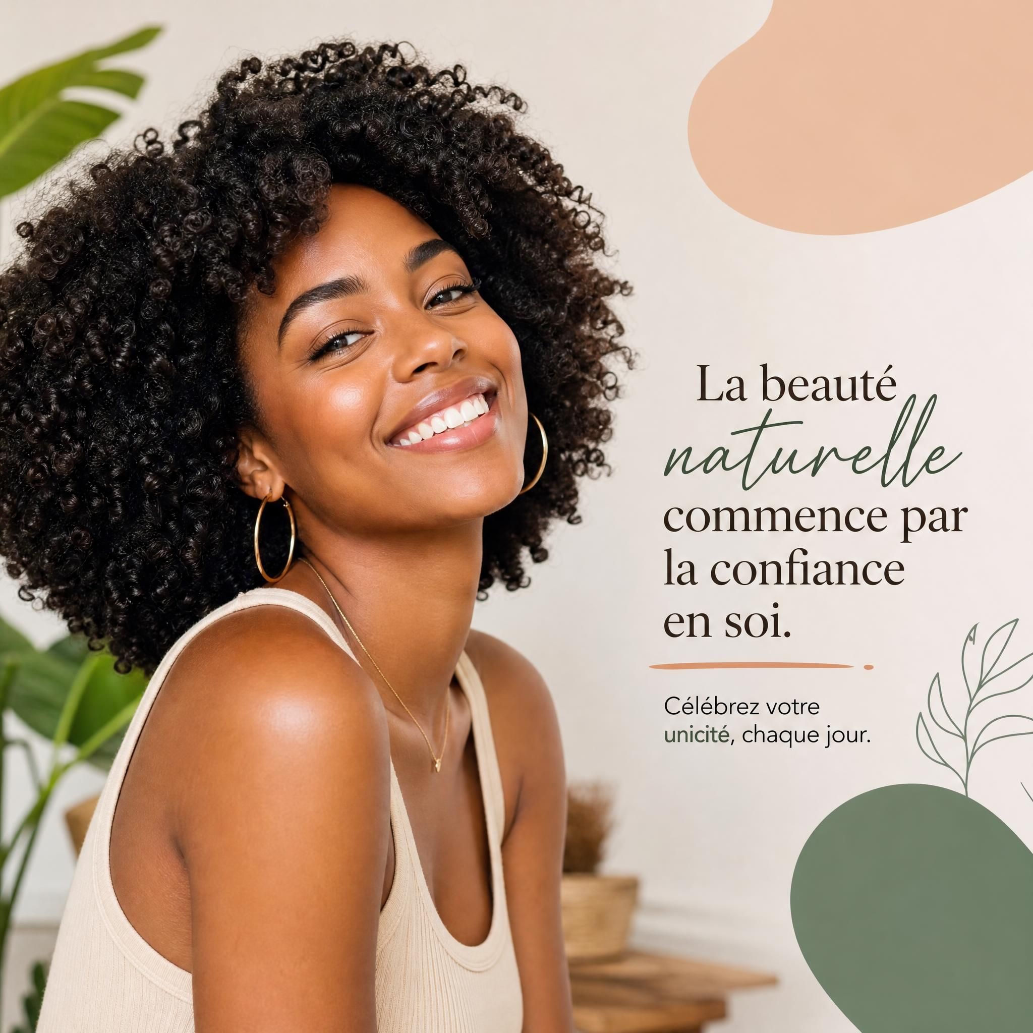 femme aux cheveux bouclés afro naturels souriante, symbolisant la beauté naturelle et la confiance en soi