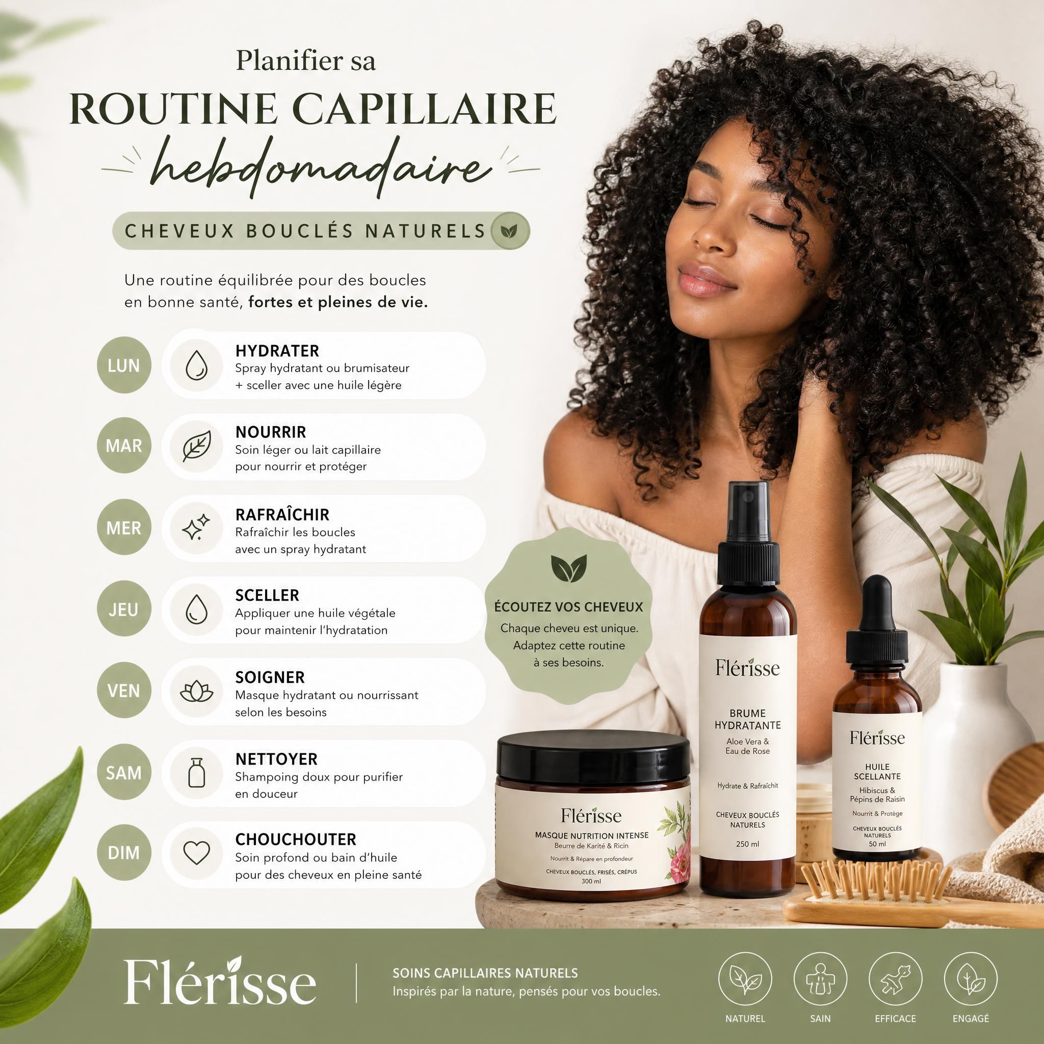 planning routine capillaire hebdomadaire cheveux bouclés naturels, soins capillaires naturels Flérisse