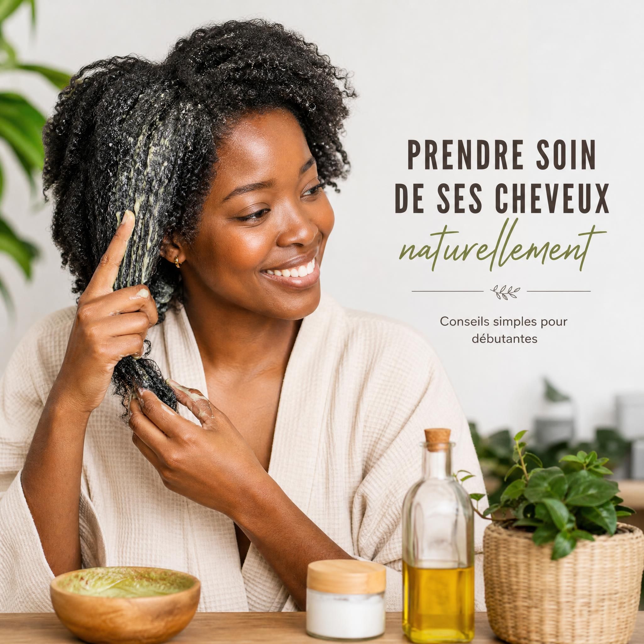 Femme afro débutante appliquant un soin capillaire naturel sur ses cheveux texturés avec le sourire