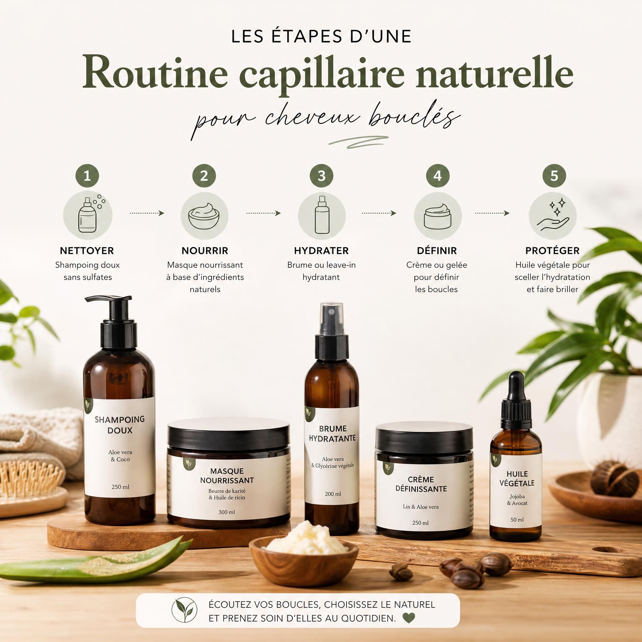 Étapes d'une routine capillaire naturelle pour cheveux bouclés - produits disposés sur une surface en bois
