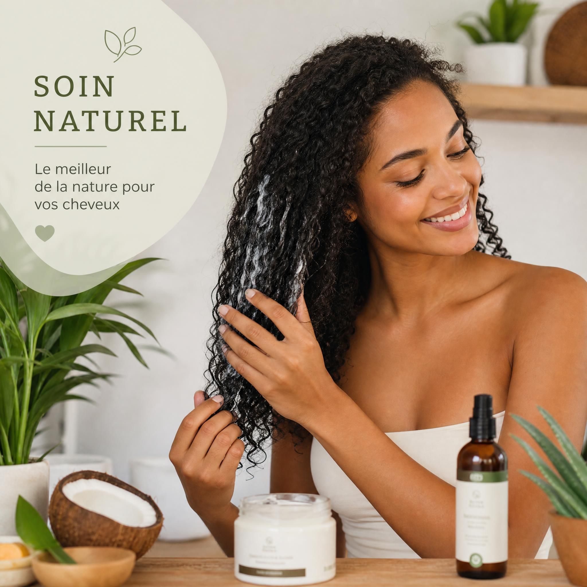femme aux cheveux bouclés naturels appliquant un soin capillaire naturel avec le sourire, soins cheveux texturés