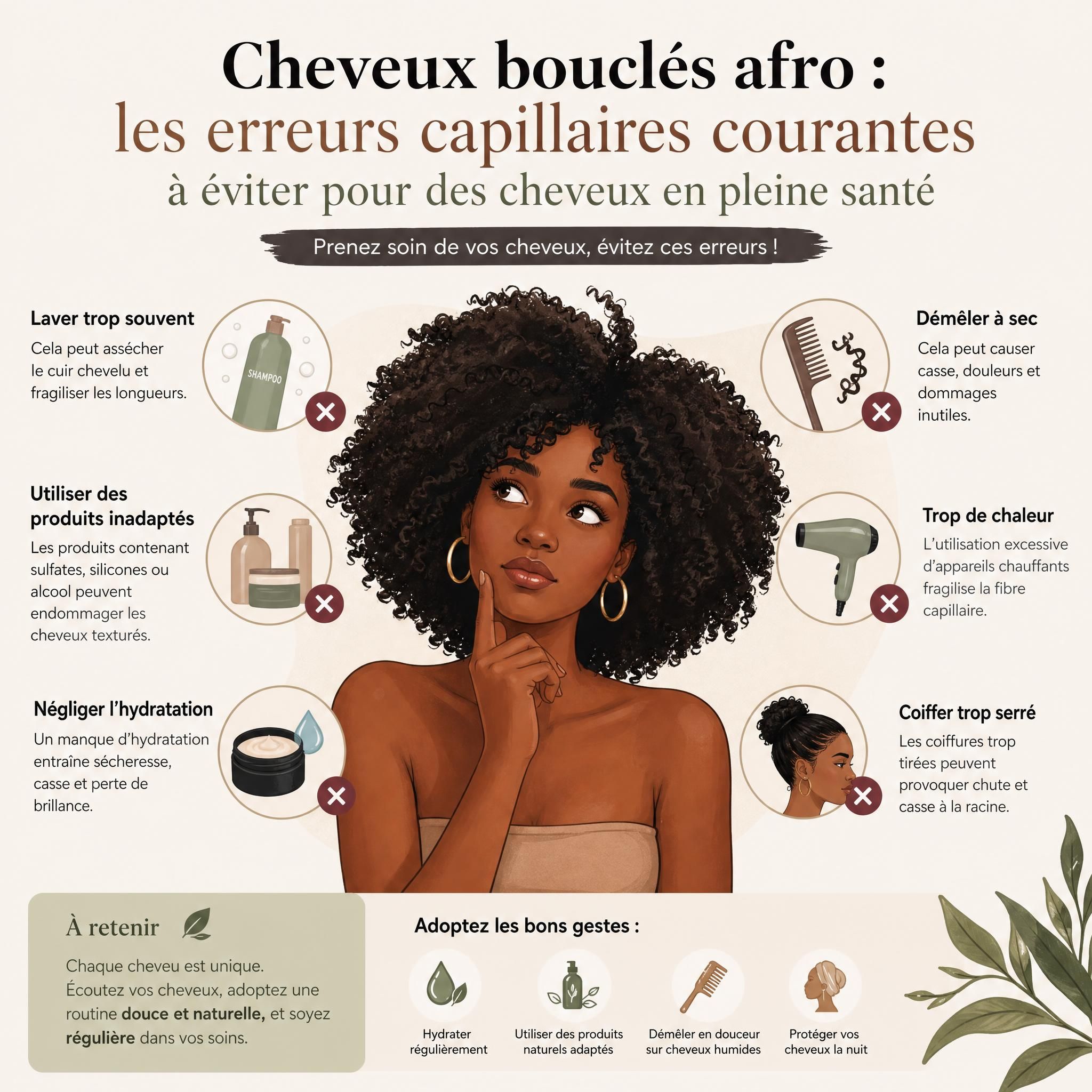 illustration des erreurs capillaires courantes cheveux bouclés afro, soins naturels cheveux texturés à éviter