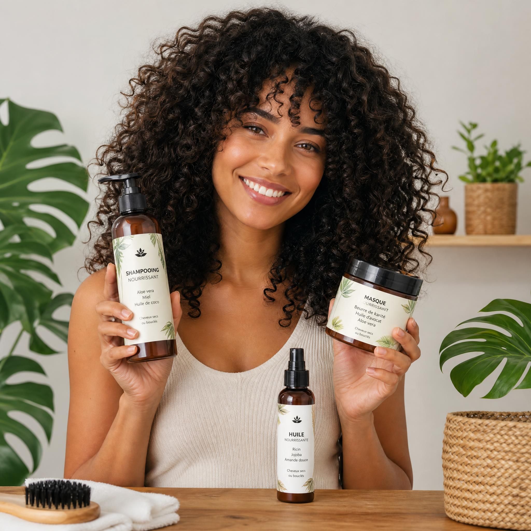 Femme aux cheveux bouclés naturels souriante tenant des produits de soins capillaires naturels