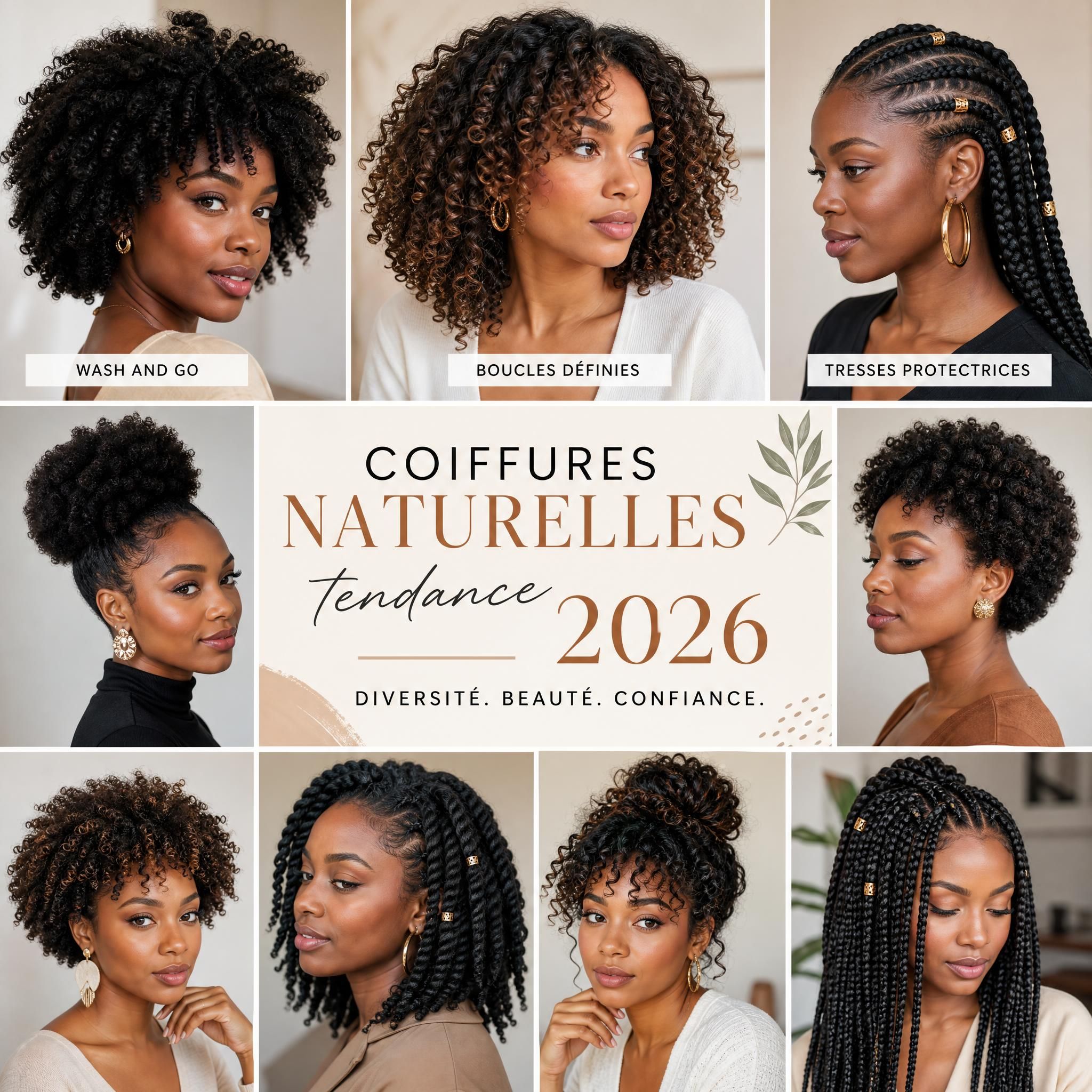 Collage de coiffures naturelles tendance 2026 — wash and go, boucles définies, tresses protectrices — diversité de textures capillaires