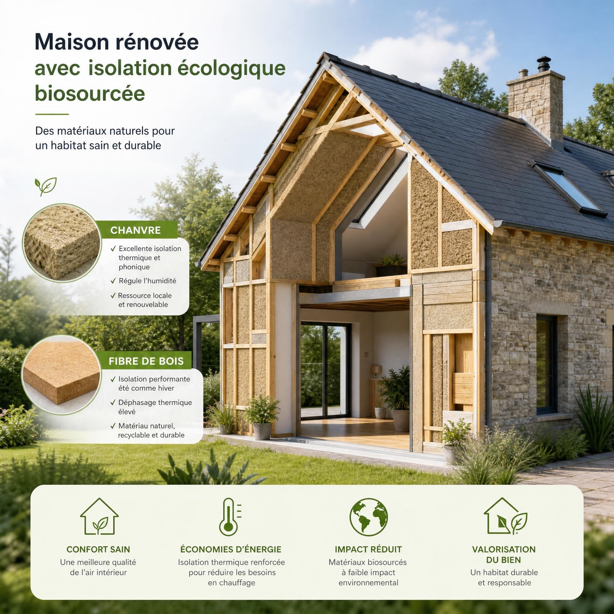 Maison rénovée avec isolation écologique biosourcée, matériaux naturels chanvre et fibre de bois