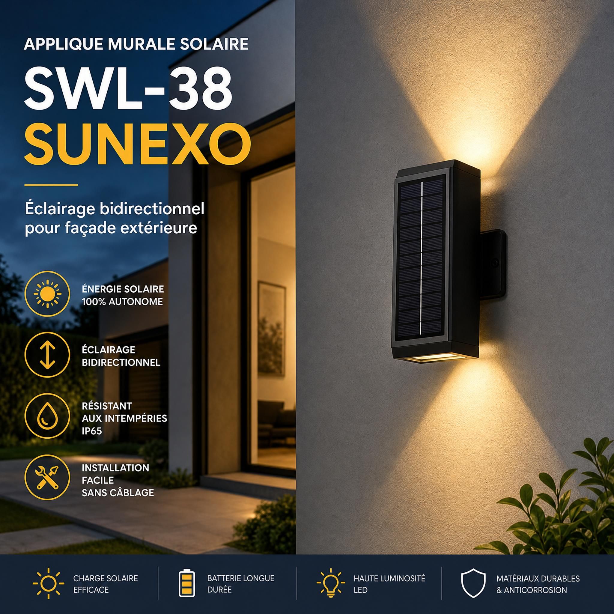 Applique murale solaire SWL-38 Sunexo - éclairage bidirectionnel façade extérieure