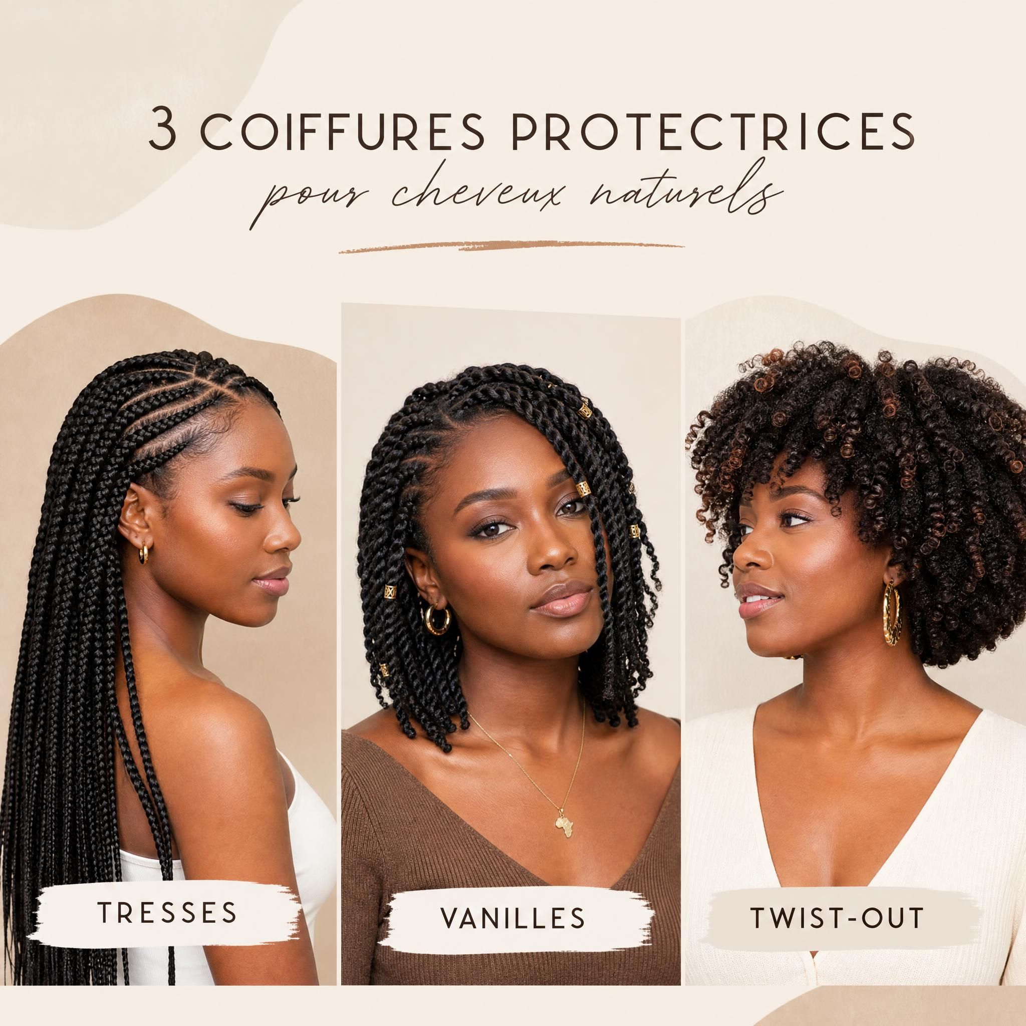 collage de trois coiffures protectrices sur cheveux naturels afro - tresses, vanilles et twist-out - sur fond neutre