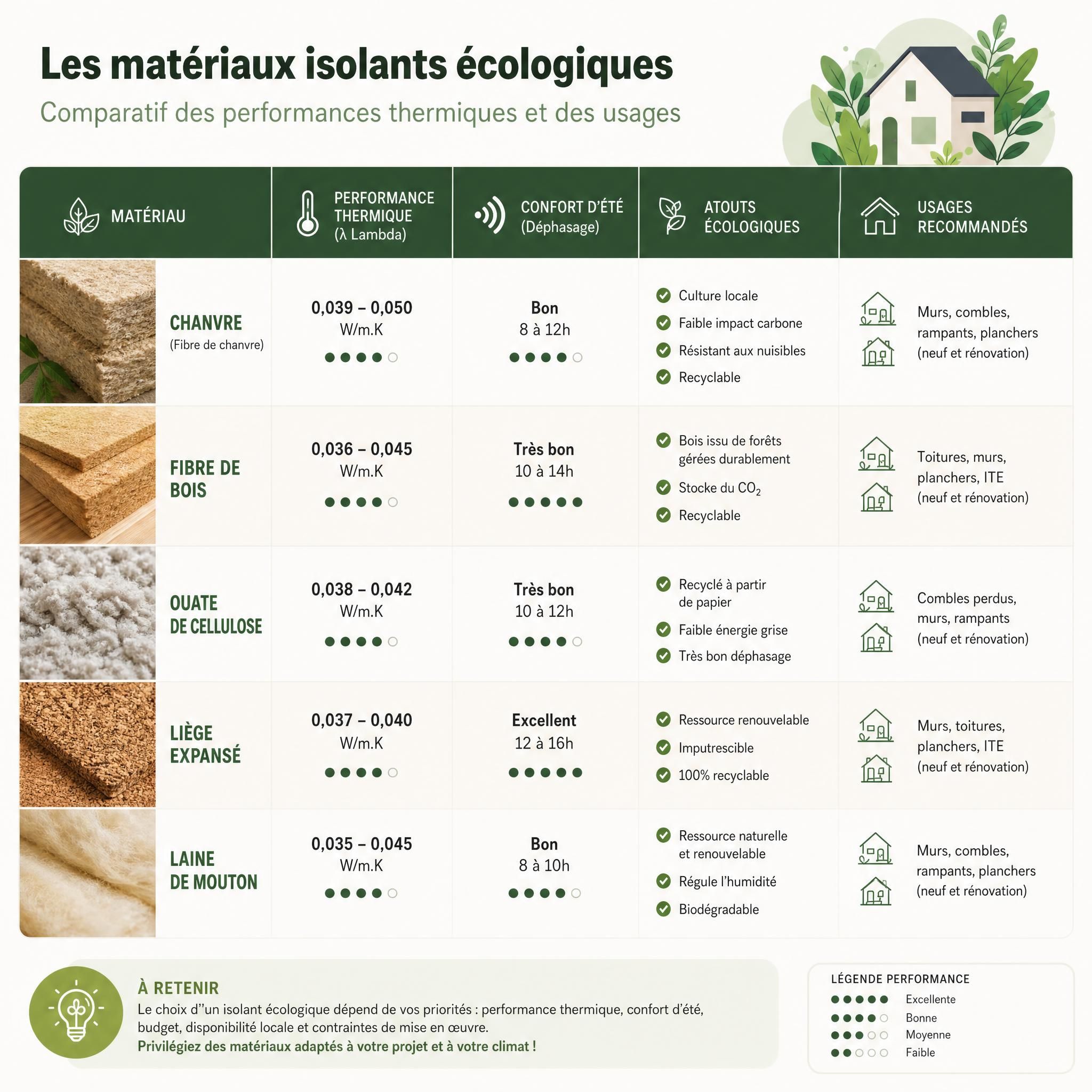 Tableau comparatif des matériaux isolants écologiques avec performances thermiques et usages