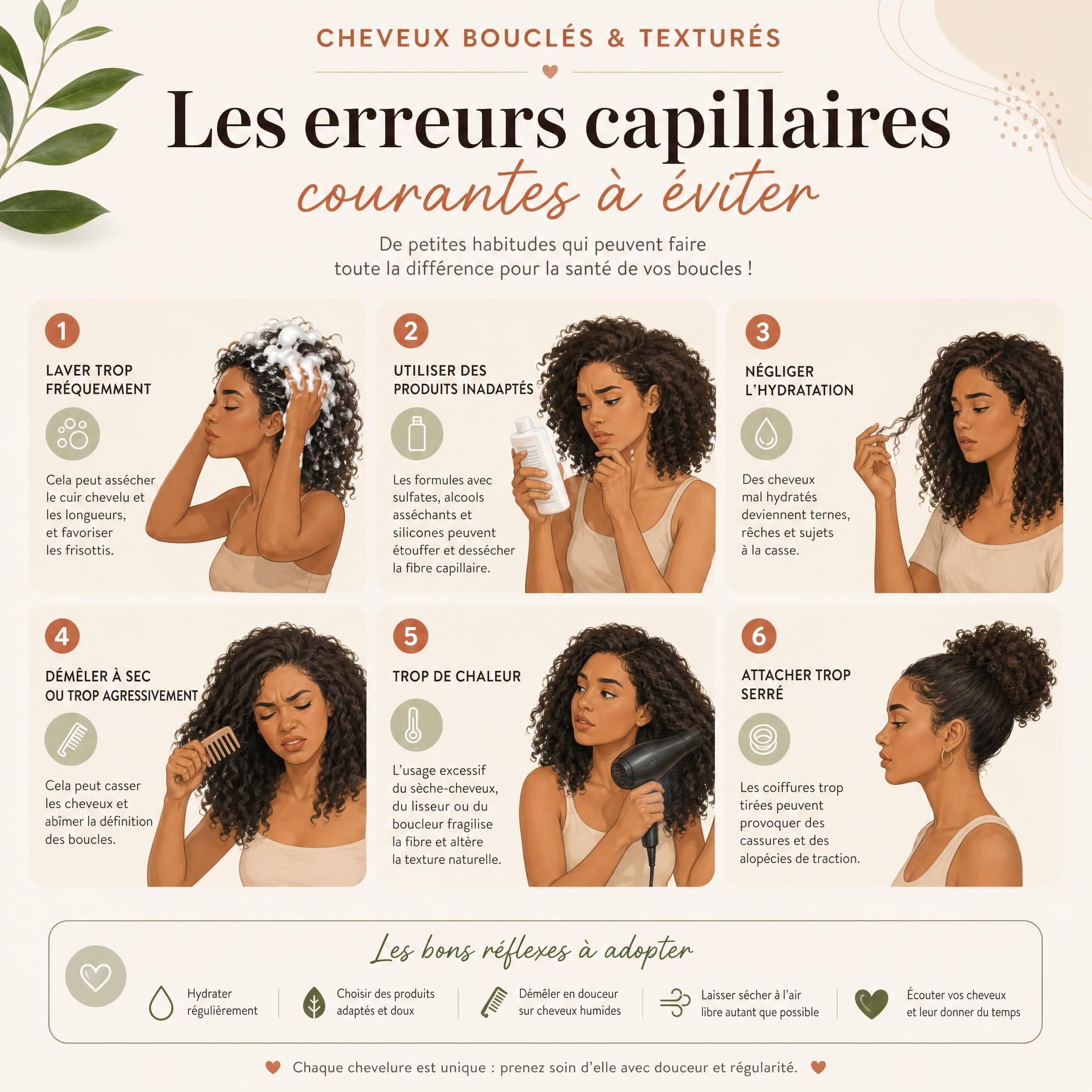 illustration des erreurs capillaires courantes à éviter avec cheveux bouclés et texturés, style infographie douce