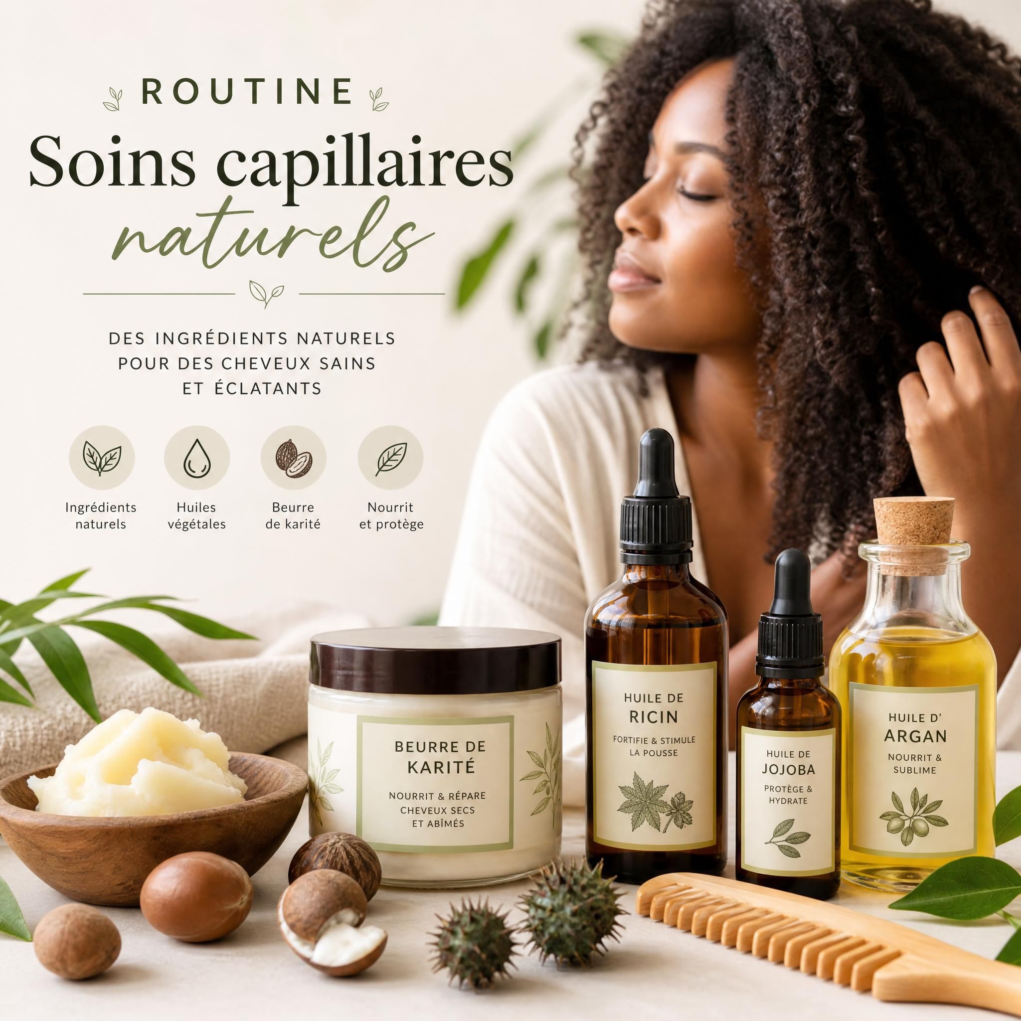 routine soins capillaires naturels avec produits à base d'ingrédients botaniques, beurre de karité et huiles végétales