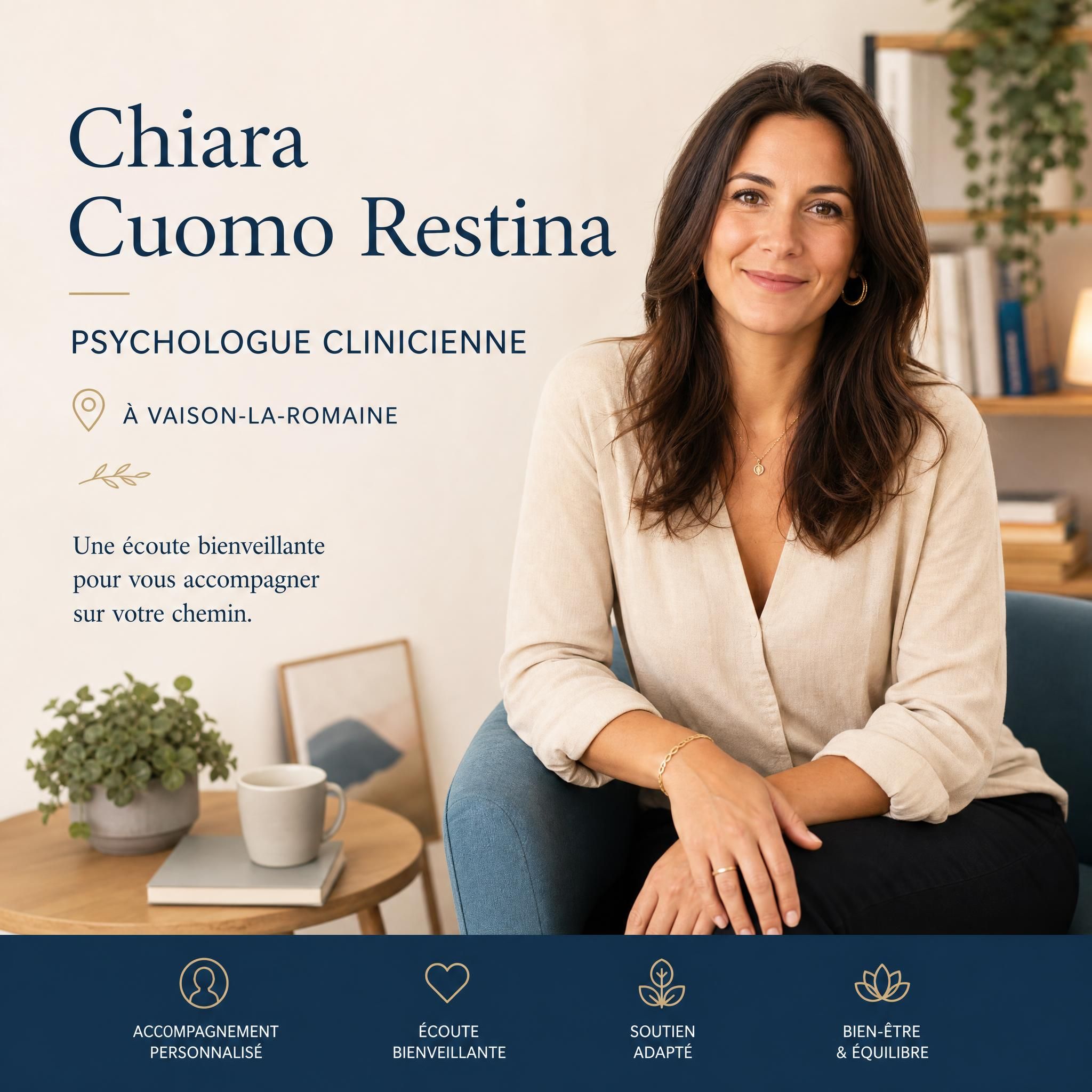 Chiara Cuomo Restina, psychologue clinicienne à Vaison-la-Romaine – portrait professionnel chaleureux