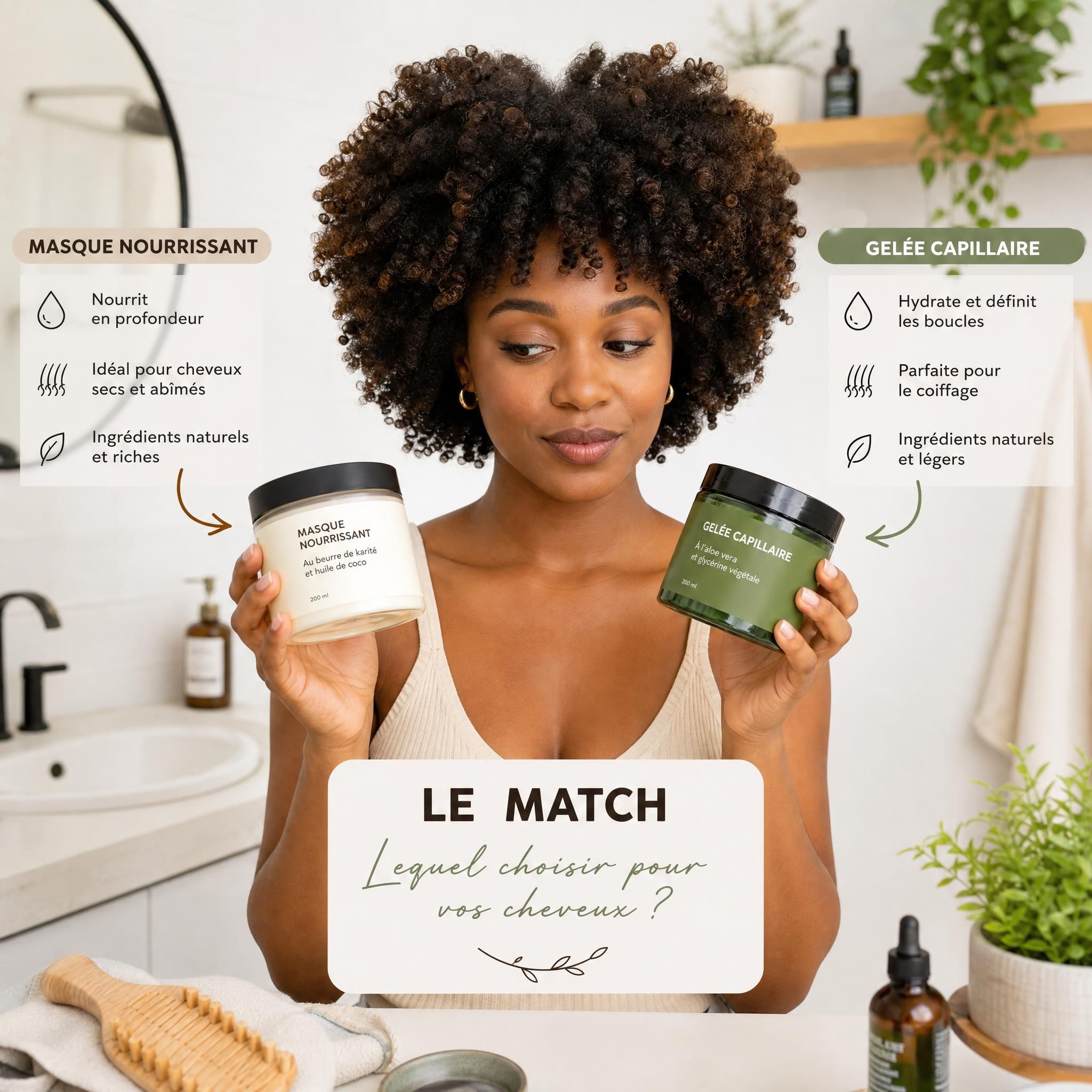 femme aux cheveux bouclés afro naturels comparant deux produits capillaires naturels dans sa salle de bain