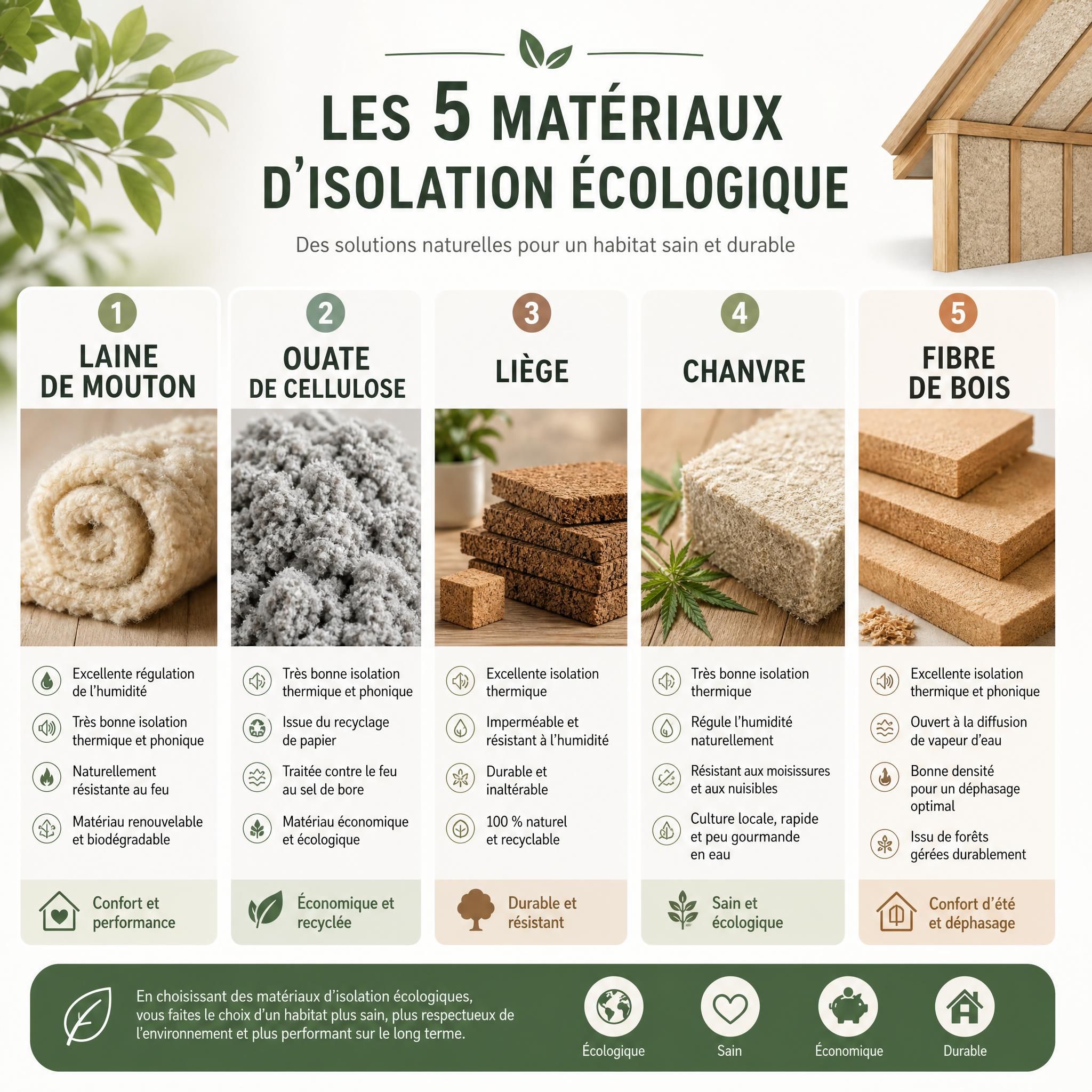 Présentation des 5 matériaux d'isolation écologique : laine de mouton, ouate de cellulose, liège, chanvre, fibre de bois