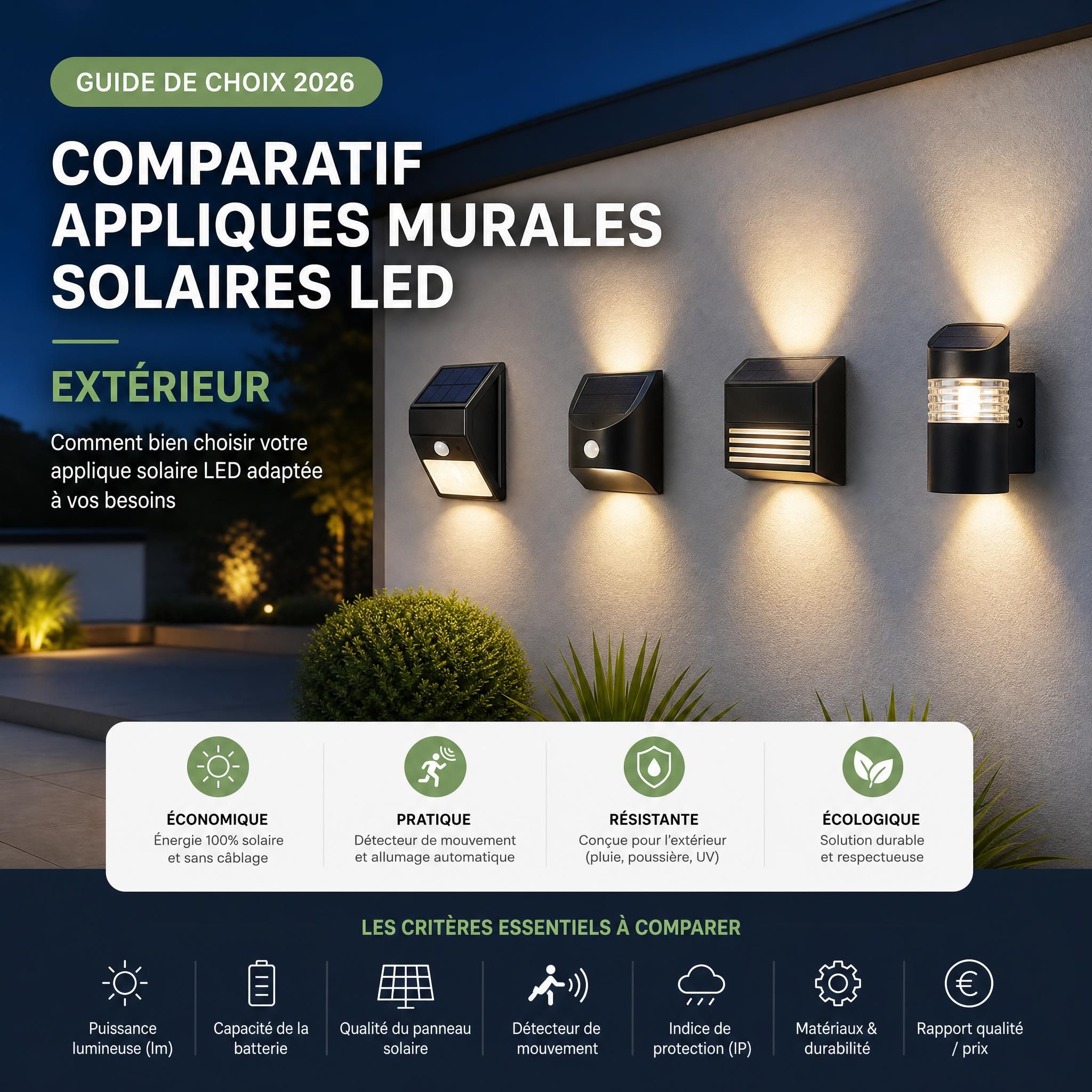 Comparatif appliques murales solaires LED extérieur - guide de choix 2026