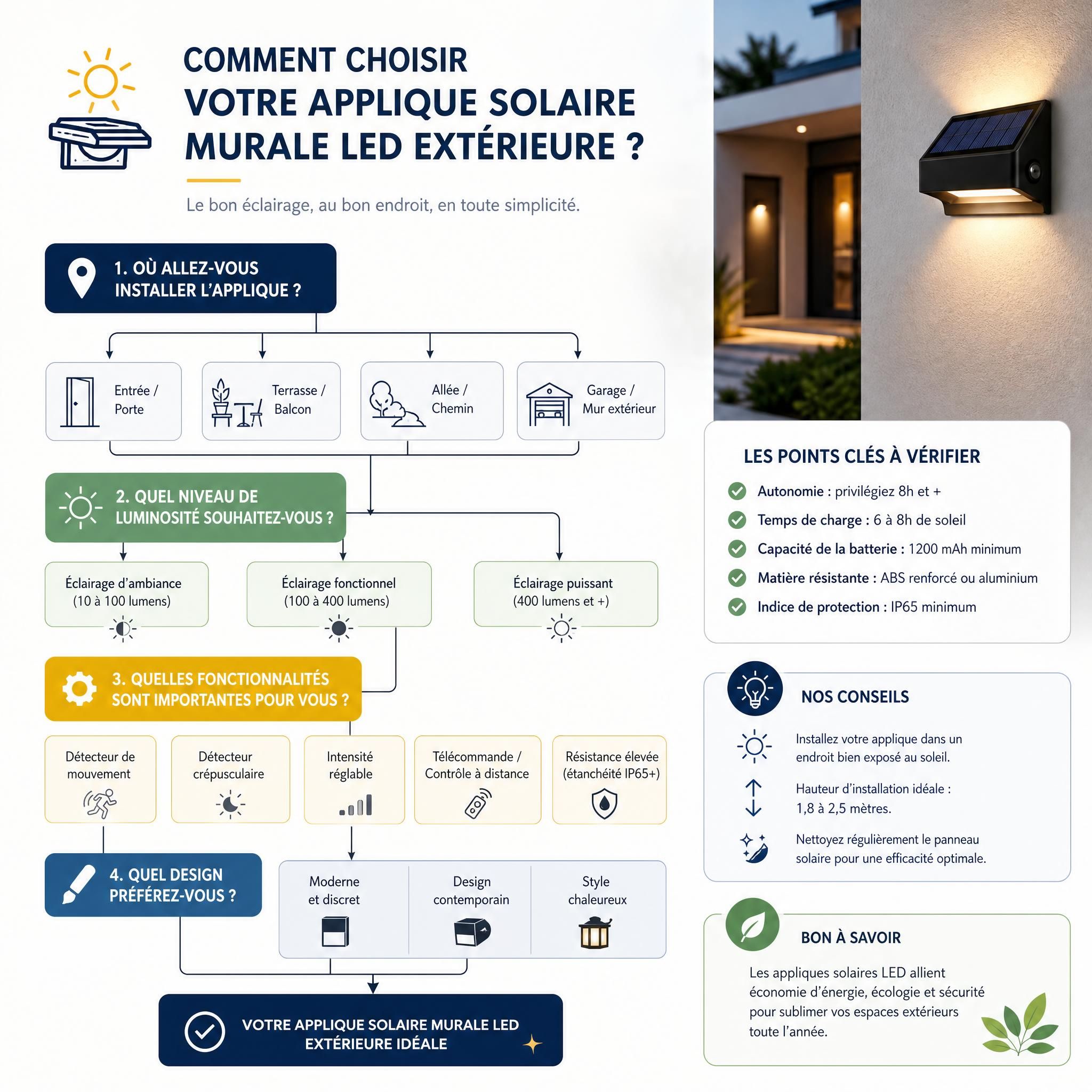 Schéma aide à la décision choix applique solaire murale LED extérieur
