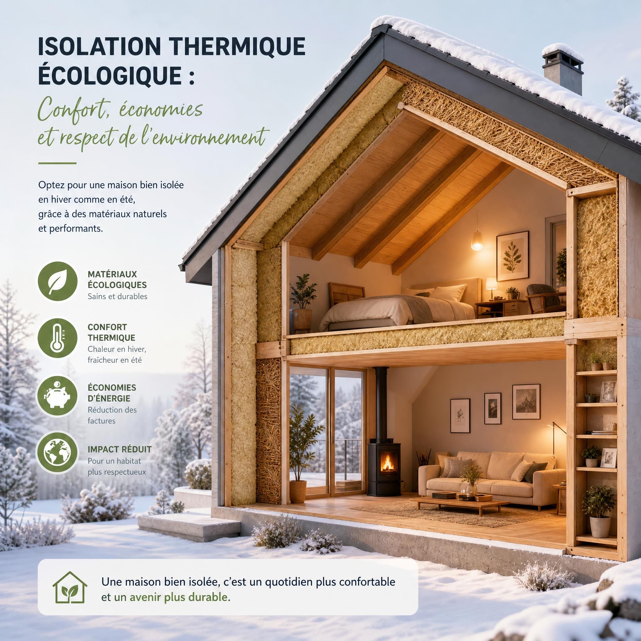 Maison confortable en hiver avec isolation thermique écologique performante, intérieur chaleureux