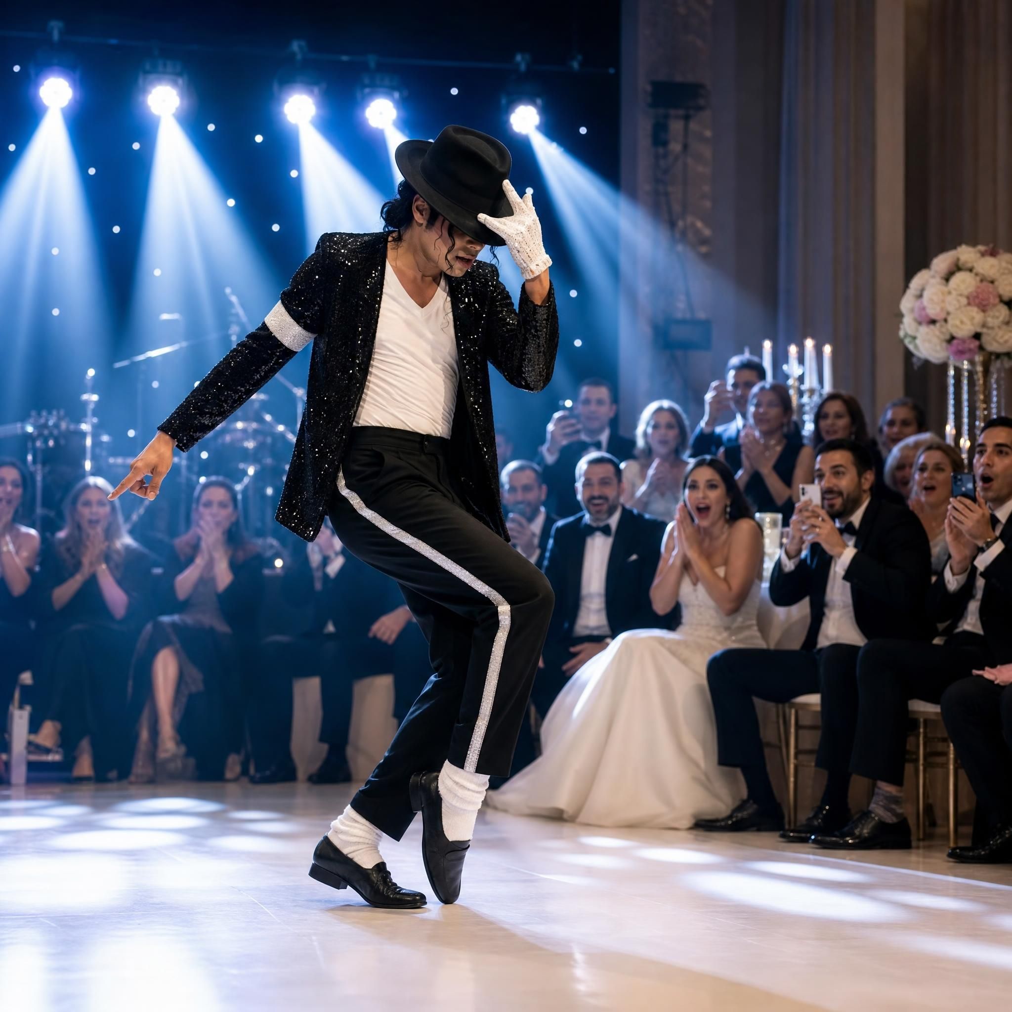 Artiste transformiste en costume de Michael Jackson sur scène lors d'un mariage, lumières de scène, invités émerveillés