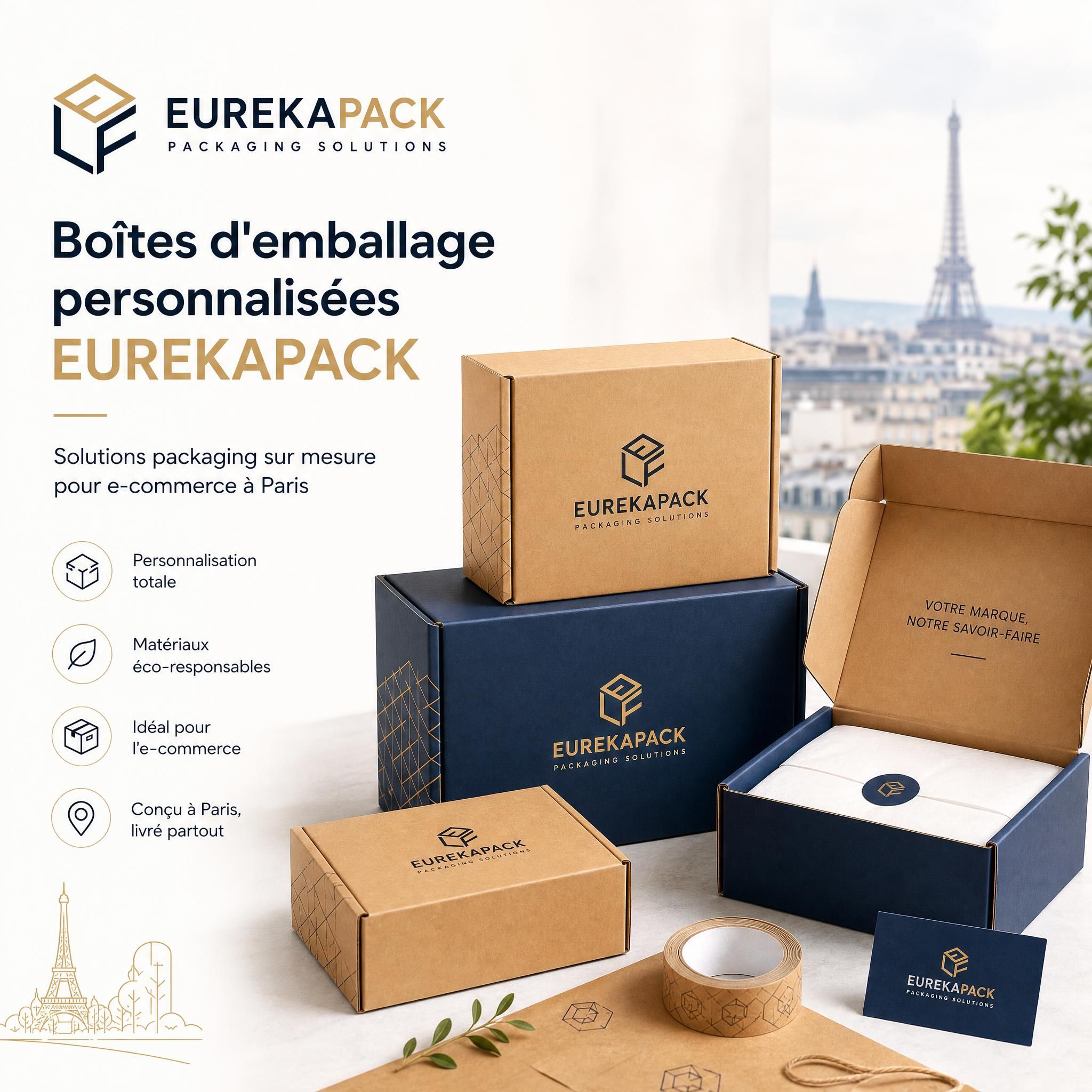 Boîtes d'emballage personnalisées EUREKAPACK avec logo de marque, solutions packaging sur mesure pour e-commerce à Paris