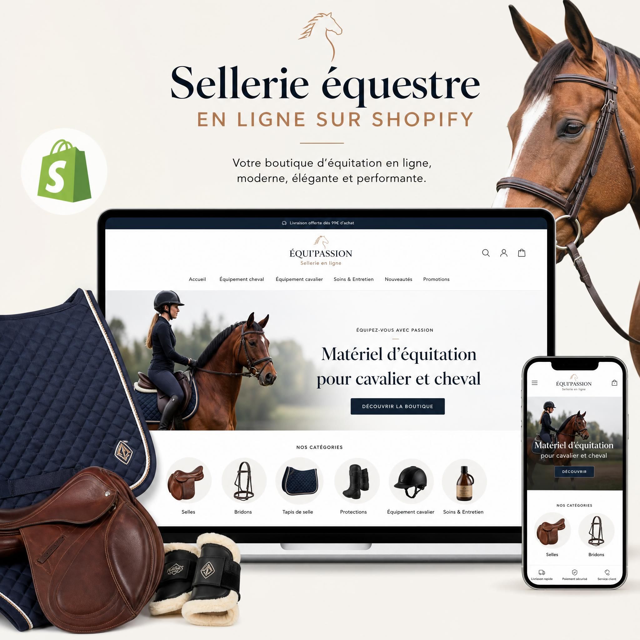 Sellerie équestre en ligne sur Shopify — matériel d'équitation présenté dans une boutique e-commerce moderne et élégante
