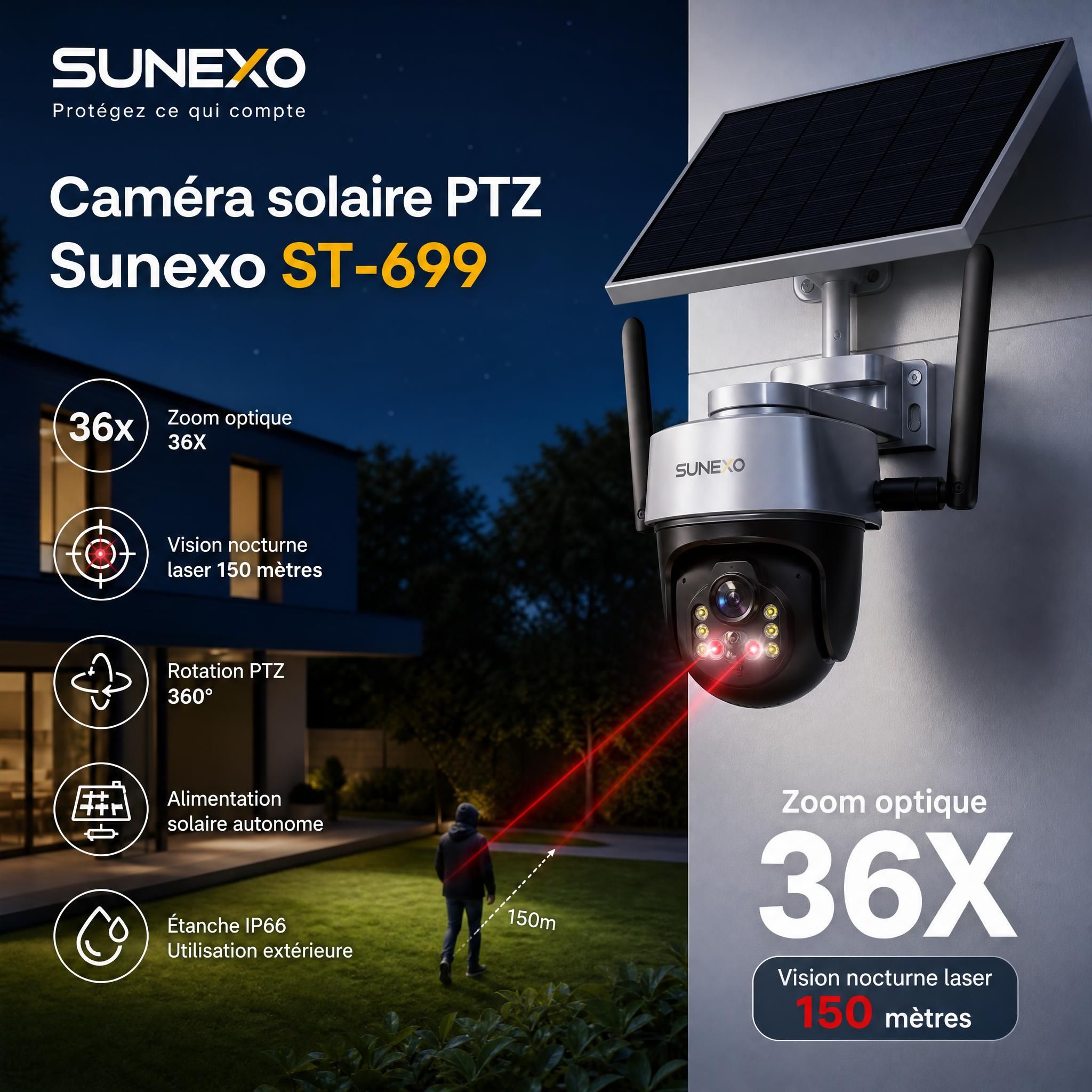 Caméra solaire PTZ Sunexo ST-699 installée sur façade de maison, zoom 36X, vision nocturne laser 150 mètres