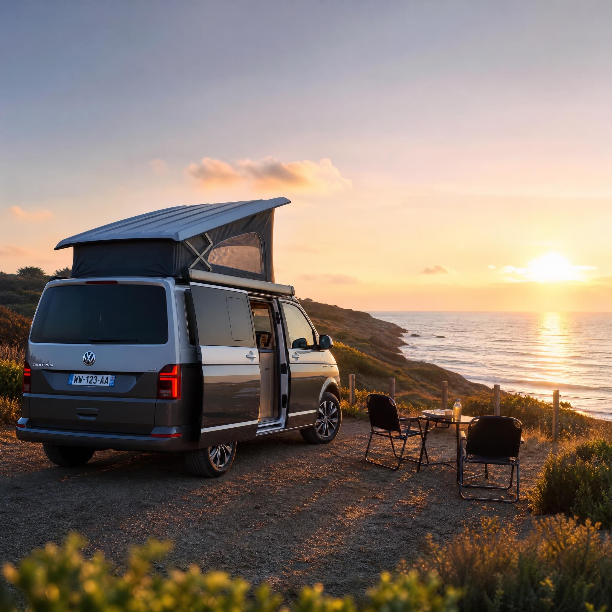 Van aménagé volkswagen california garé face à la mer au coucher du soleil en France, road trip liberté