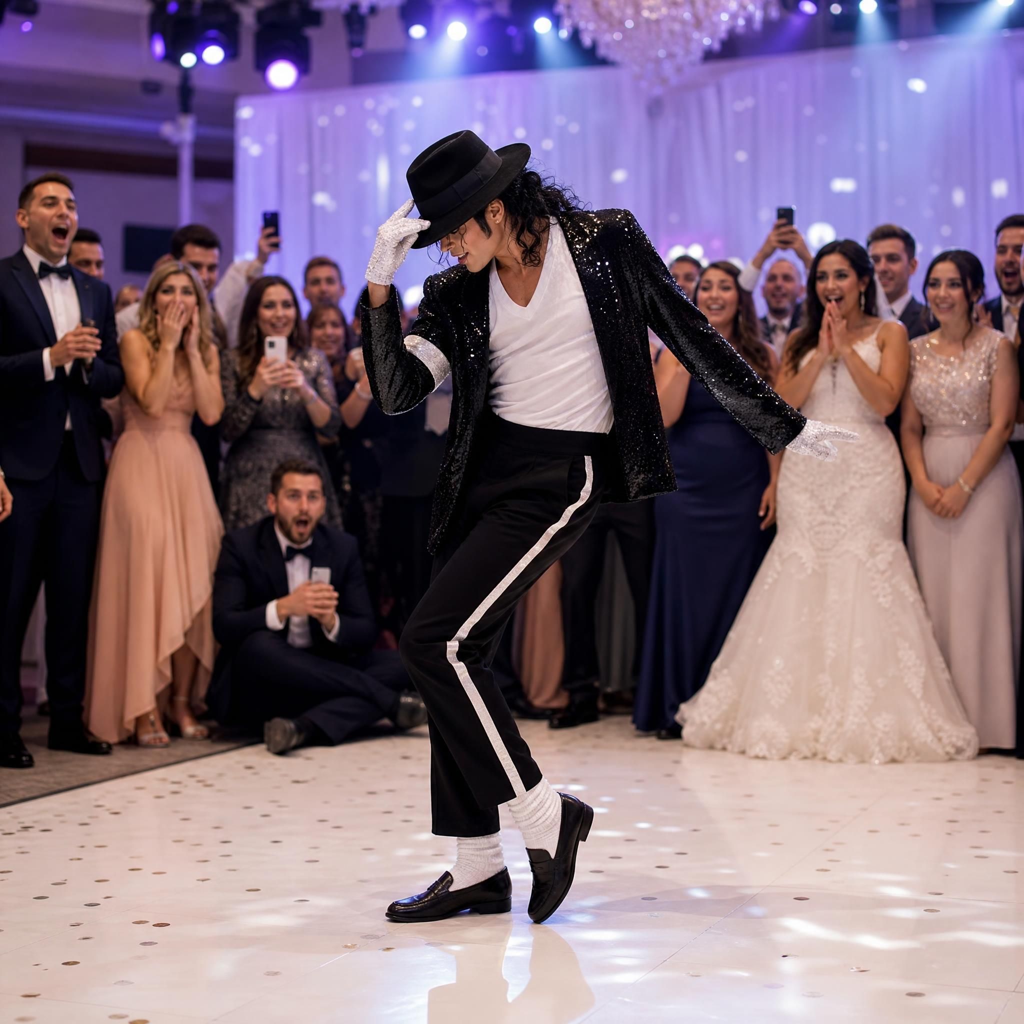 Artiste transformiste en costume de Michael Jackson sur scène lors d'un mariage, entouré d'invités émerveillés