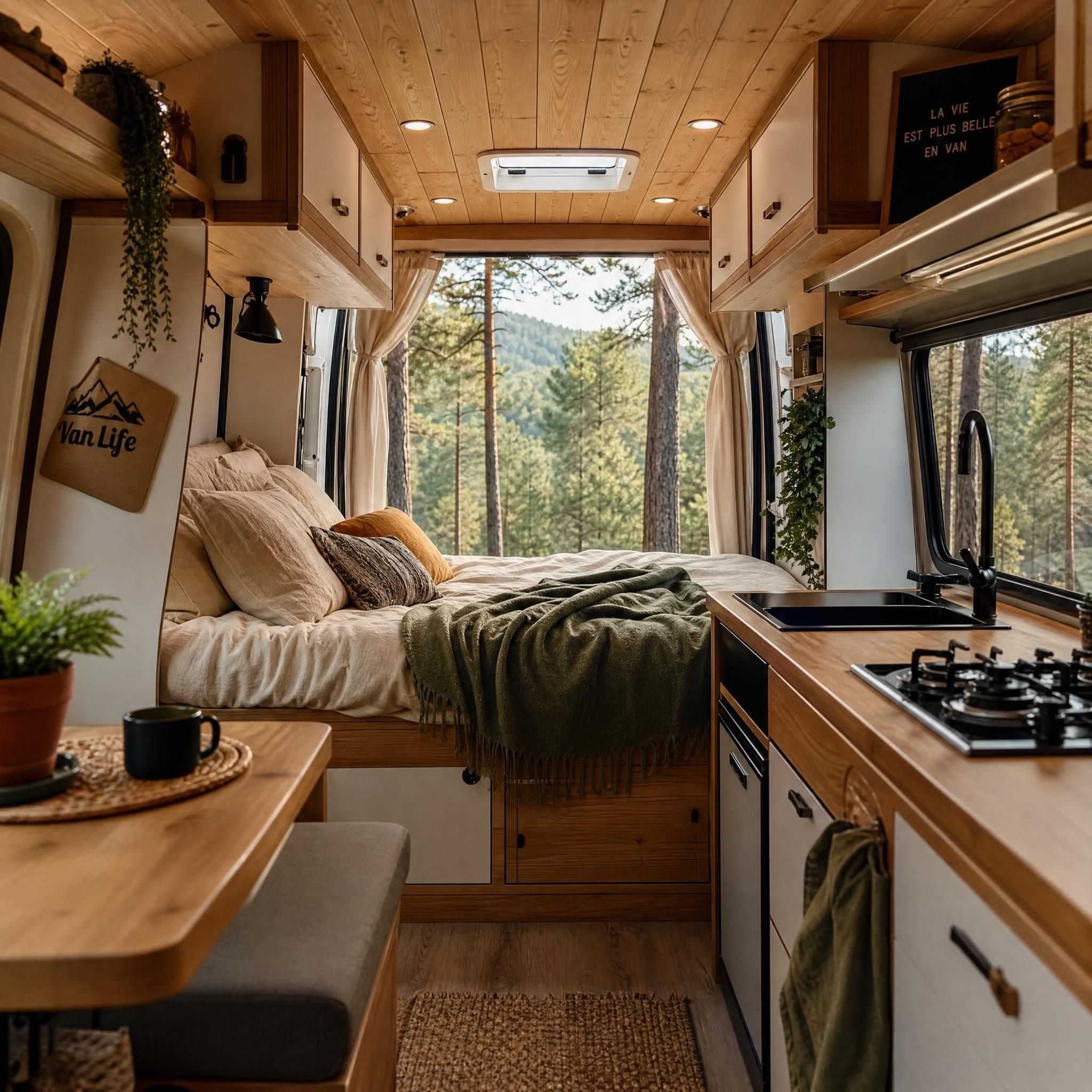 Intérieur cosy d'un van aménagé avec lit, cuisine et vue sur forêt, ambiance van life France