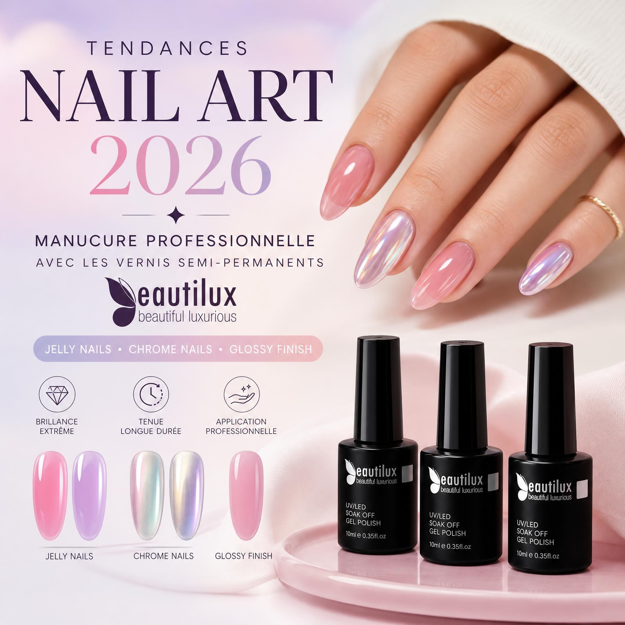 Tendances nail art 2026 - manucure professionnelle avec vernis semi-permanent Beautilux, jelly nails et chrome nails sur fond pastel