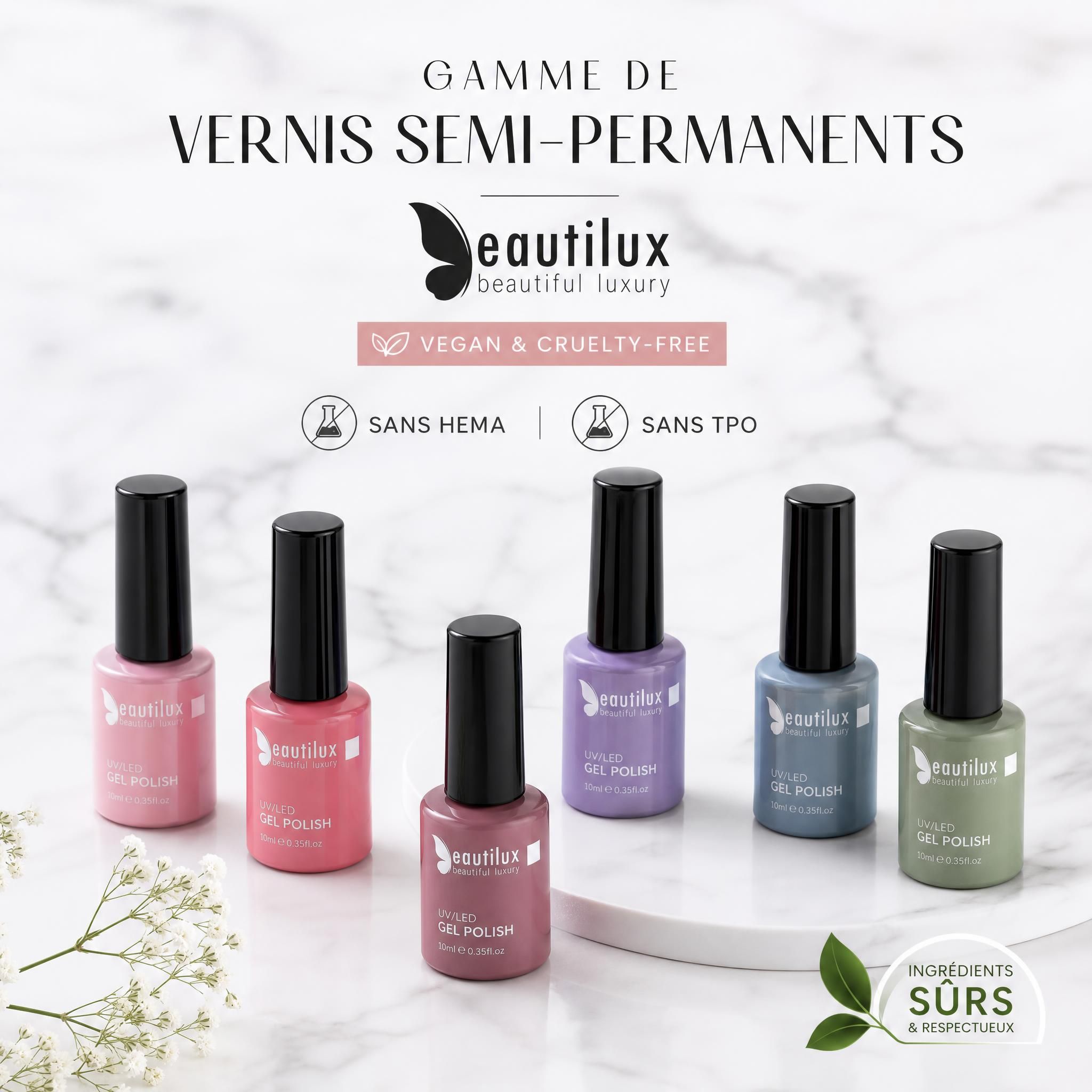 Gamme de vernis semi-permanents Beautilux vegan cruelty-free sans HEMA sans TPO - flacon colorés sur surface marbre blanc