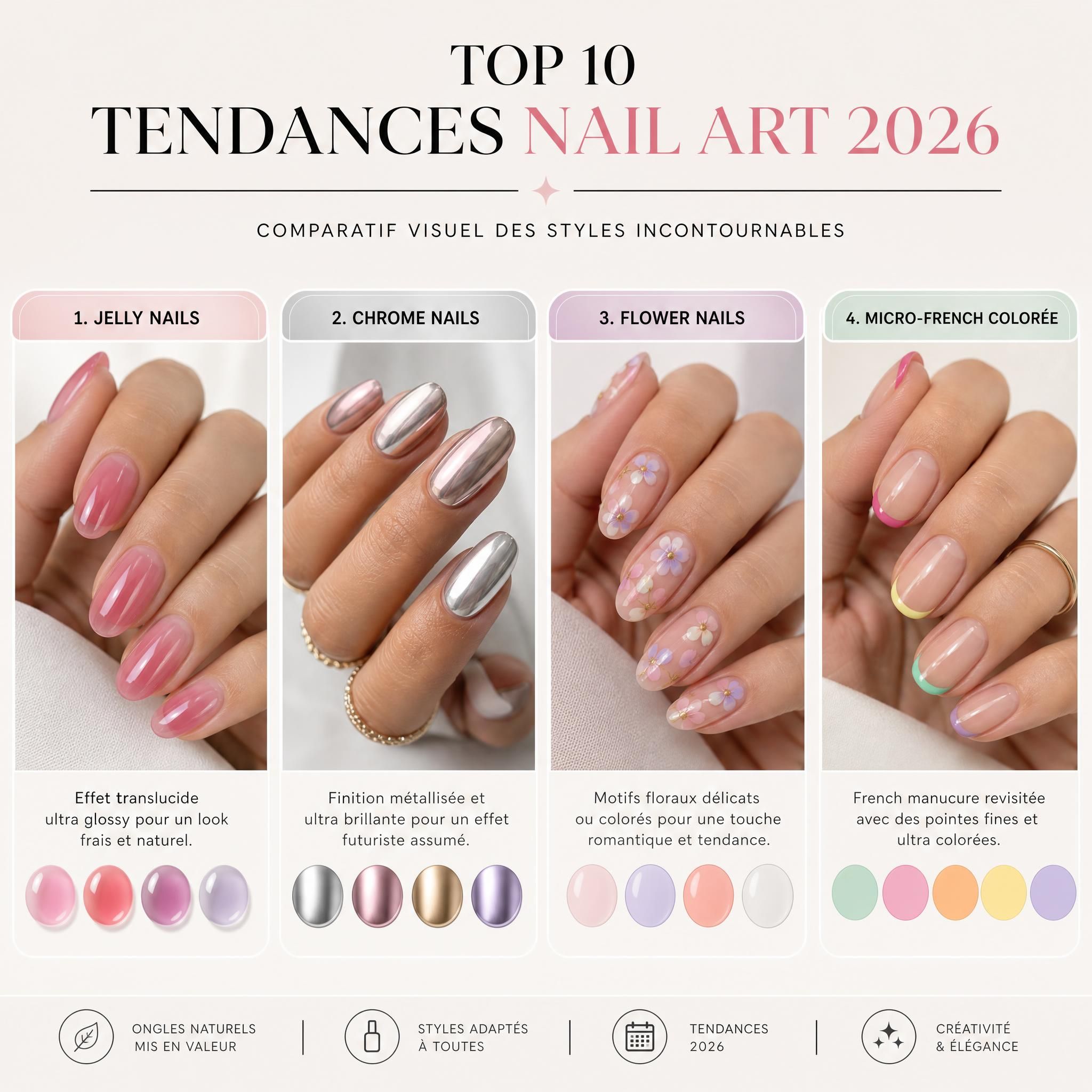 Top 10 tendances nail art 2026 - comparatif visuel jelly nails, chrome nails, flower nails, micro-french colorée sur ongles naturels
