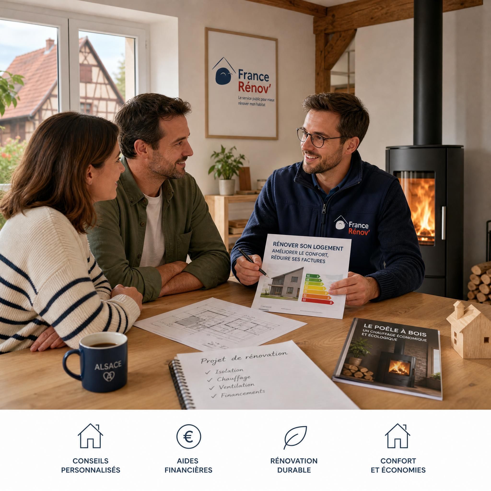 Conseiller France Rénov accompagnant un couple de propriétaires alsaciens pour leur projet de rénovation énergétique avec poêle à bois
