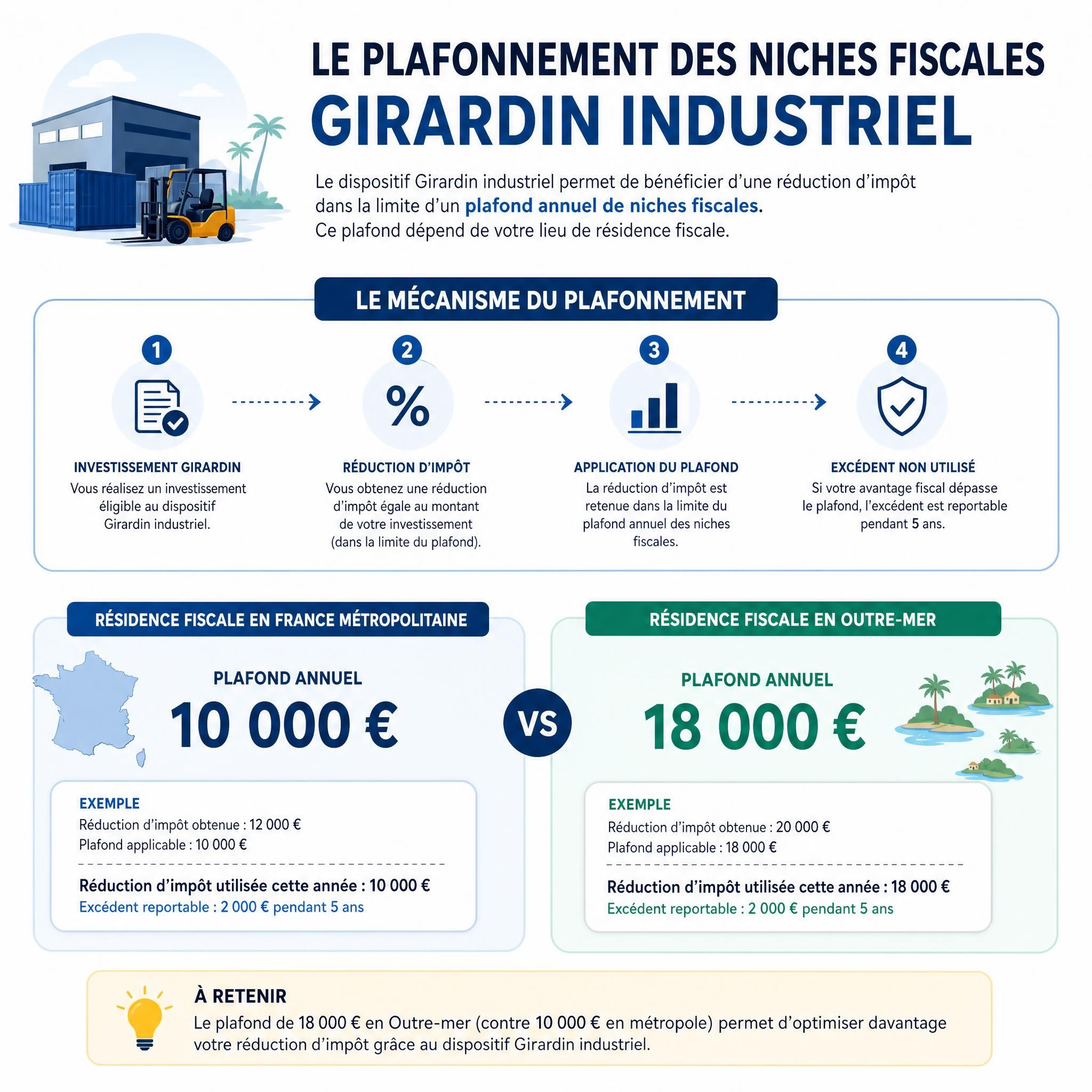 Schéma pédagogique illustrant le mécanisme du plafonnement des niches fiscales Girardin industriel — plafond 10 000 € vs 18 000 € outre-mer