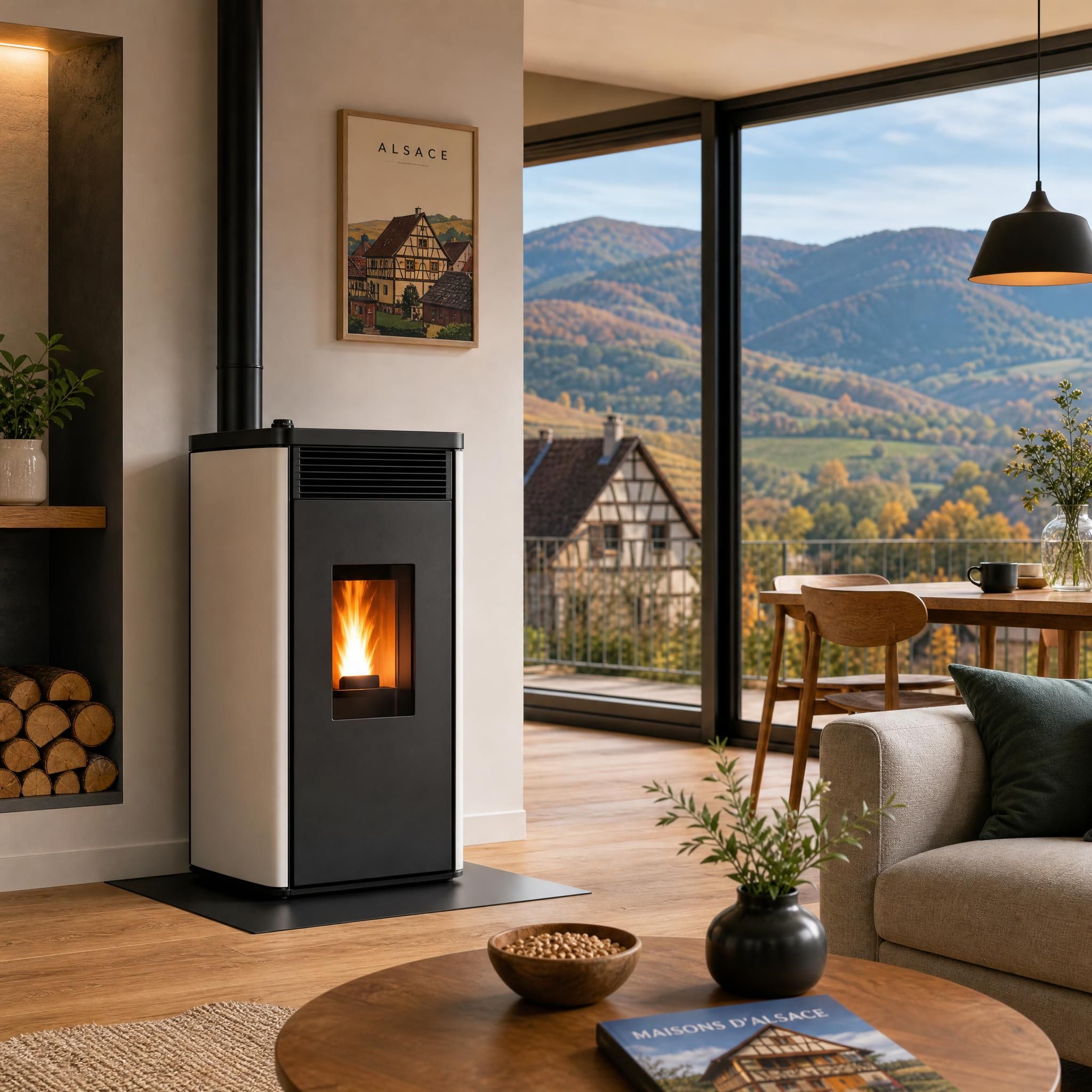 Poêle à granulés moderne installé dans un intérieur alsacien avec vue sur les Vosges, Haut-Rhin
