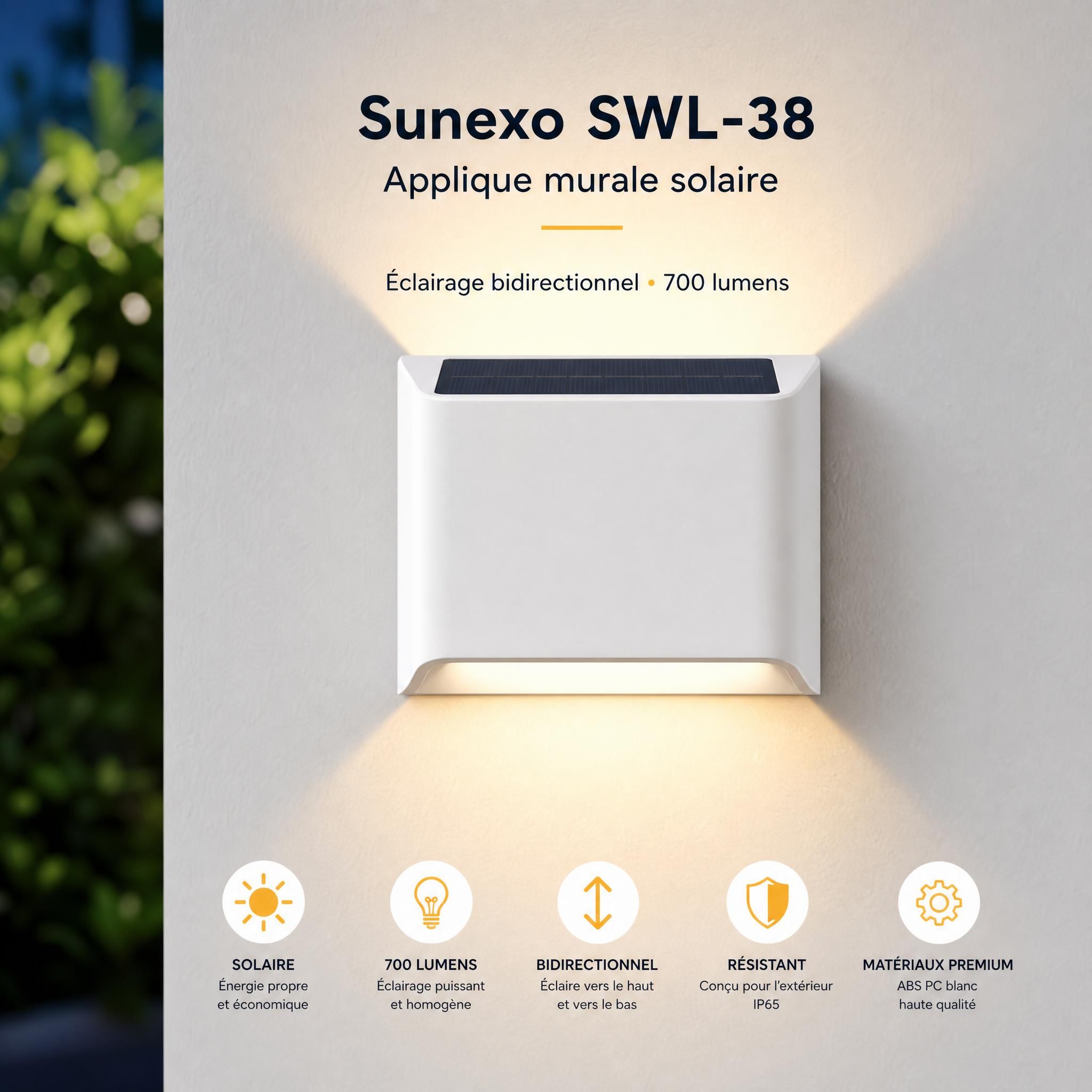 Applique murale solaire Sunexo SWL-38 vue de face – design épuré ABS PC blanc éclairage bidirectionnel 700 lumens