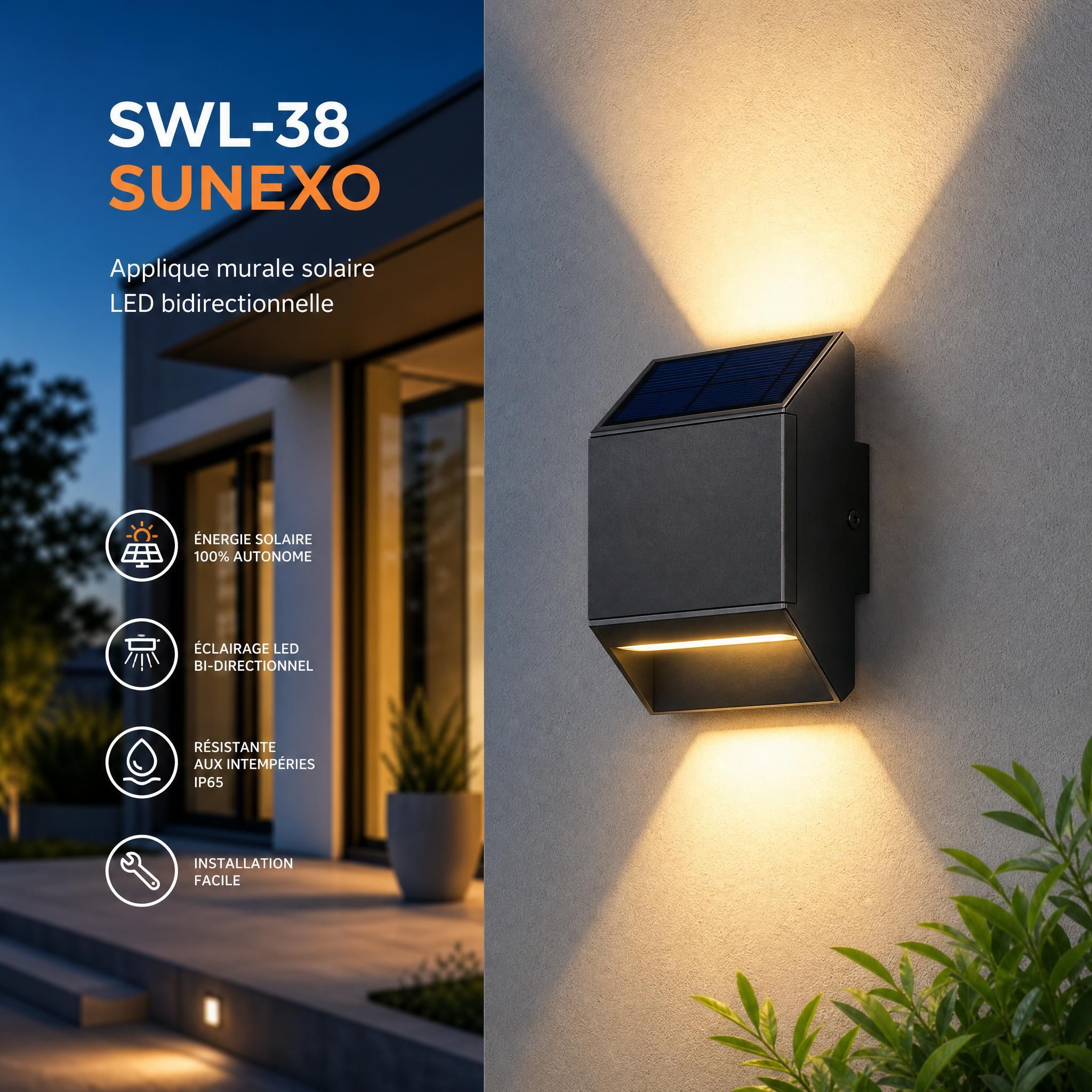 Applique murale solaire SWL-38 Sunexo installée sur façade extérieure – éclairage LED bidirectionnel design