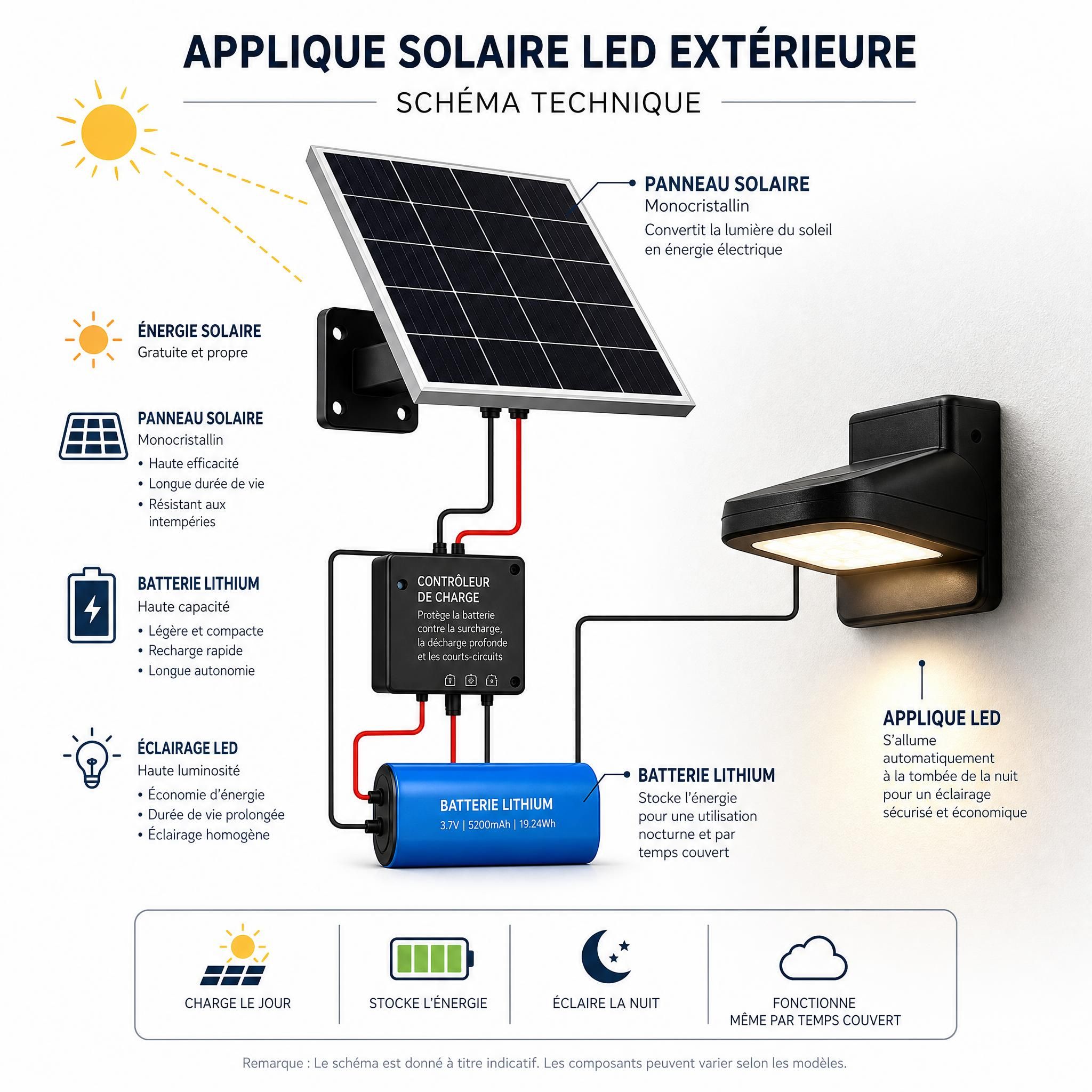 Schéma technique panneau solaire monocristallin et batterie lithium pour applique solaire LED extérieure
