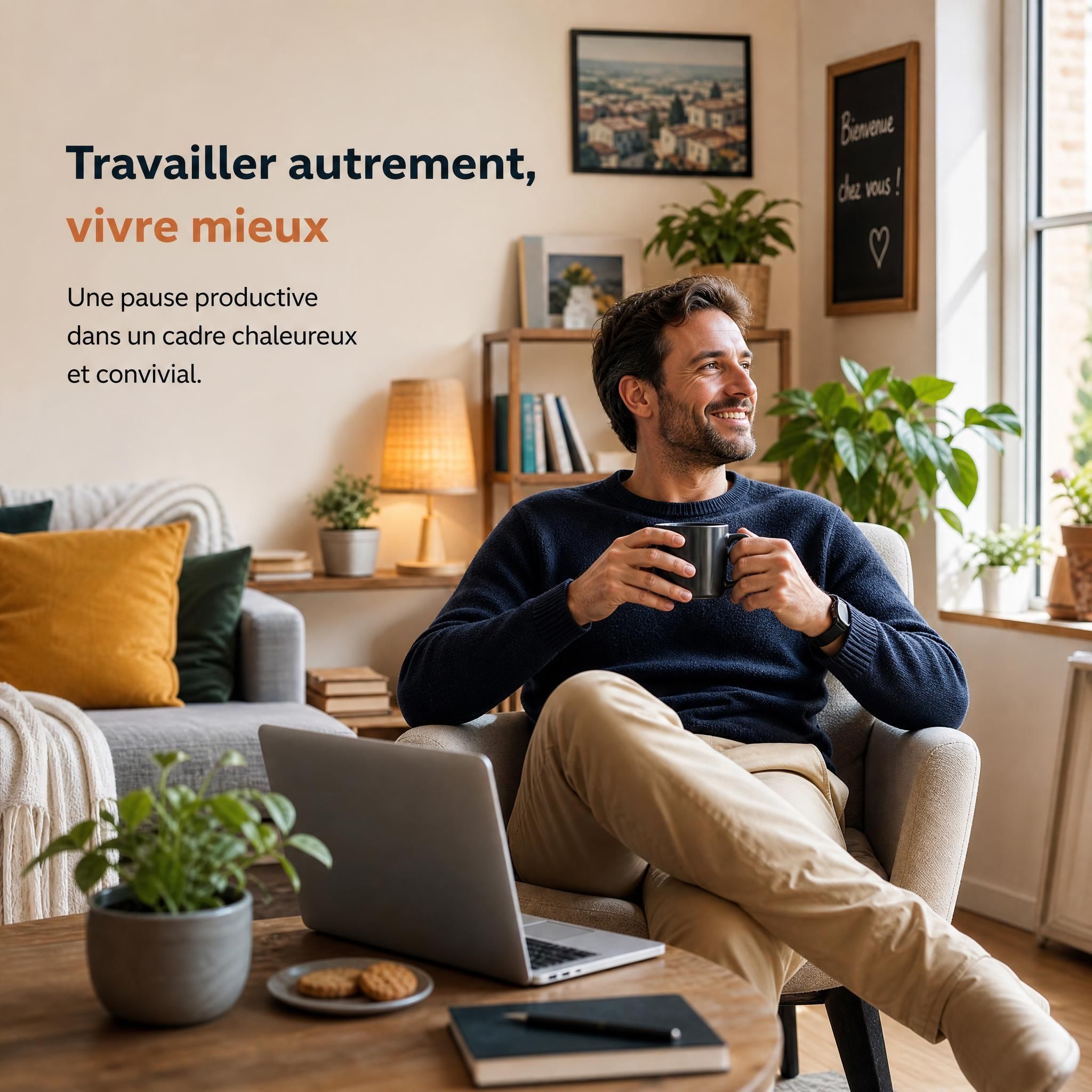 Actif urbain en pause dans un salon chaleureux chez un particulier, ambiance conviviale et détendue, alternative au coworking