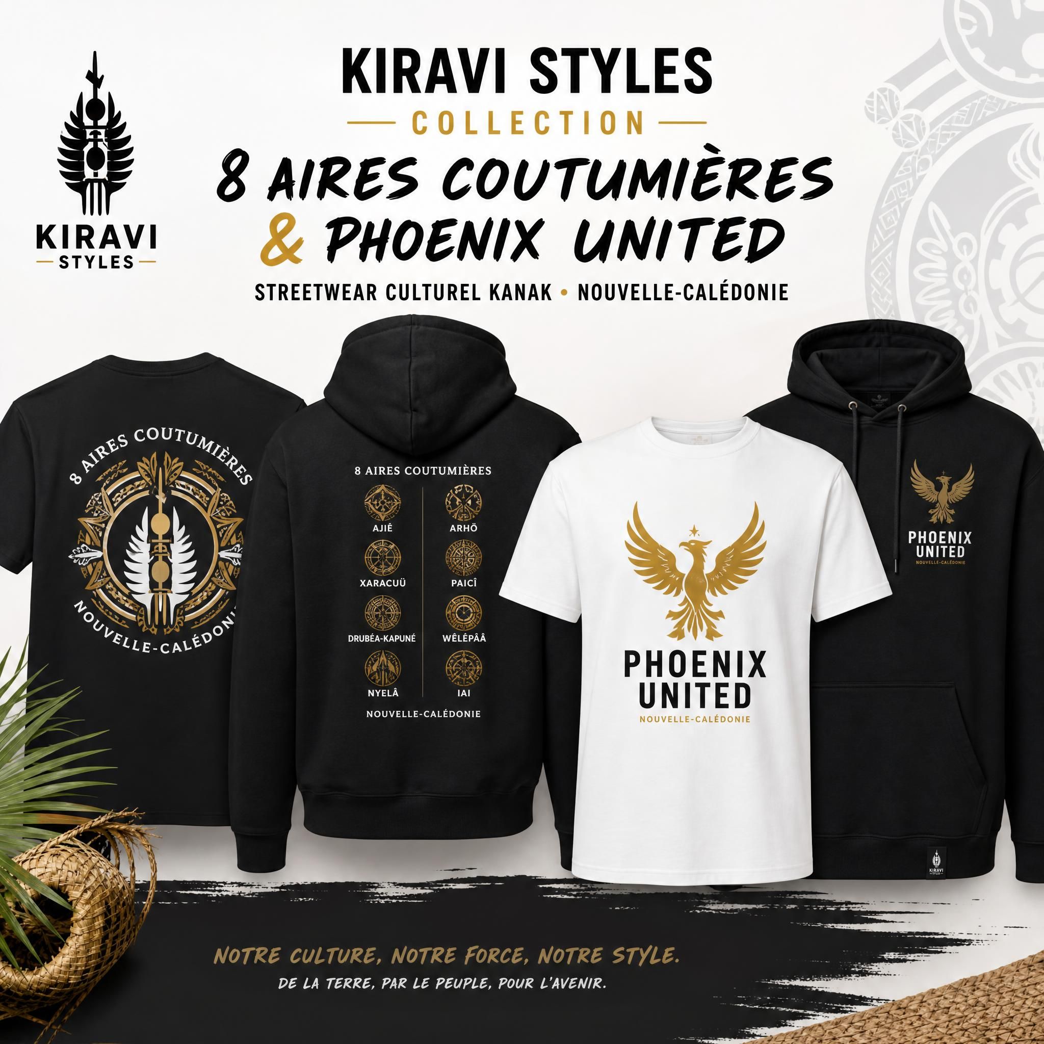 T-shirts et hoodies Kiravi Styles collection 8 Aires Coutumières et Phoenix United, streetwear culturel kanak Nouvelle-Calédonie