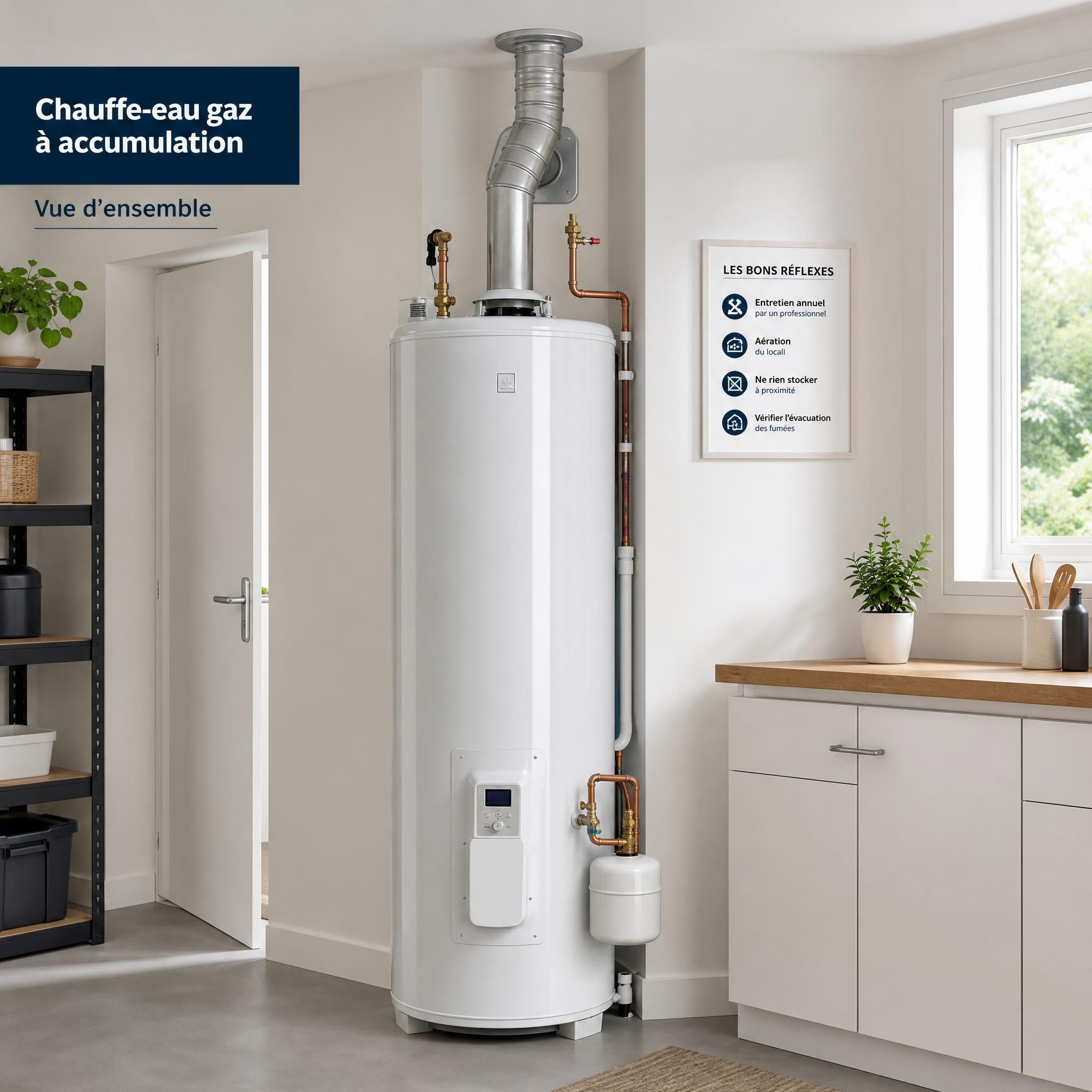 Chauffe-eau gaz à accumulation installé dans une cuisine ou local technique — vue d'ensemble