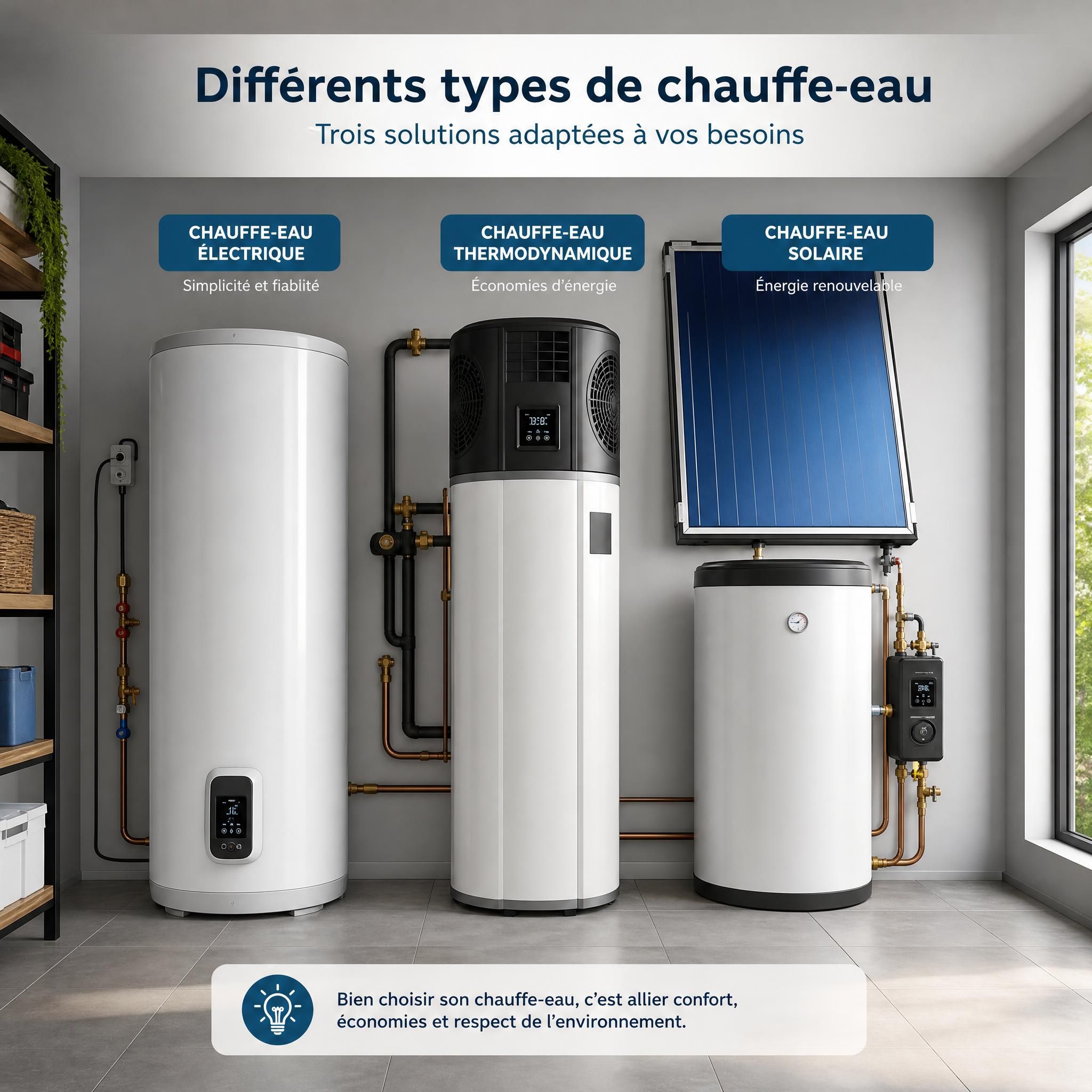 Différents types de chauffe-eau installés dans une salle technique — chauffe-eau électrique, thermodynamique et solaire côte à côte