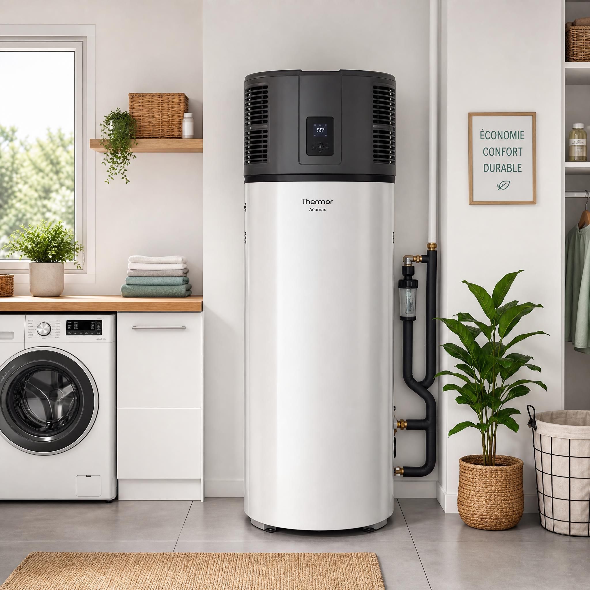 Chauffe-eau thermodynamique installé dans une buanderie — vue de face avec unité compacte