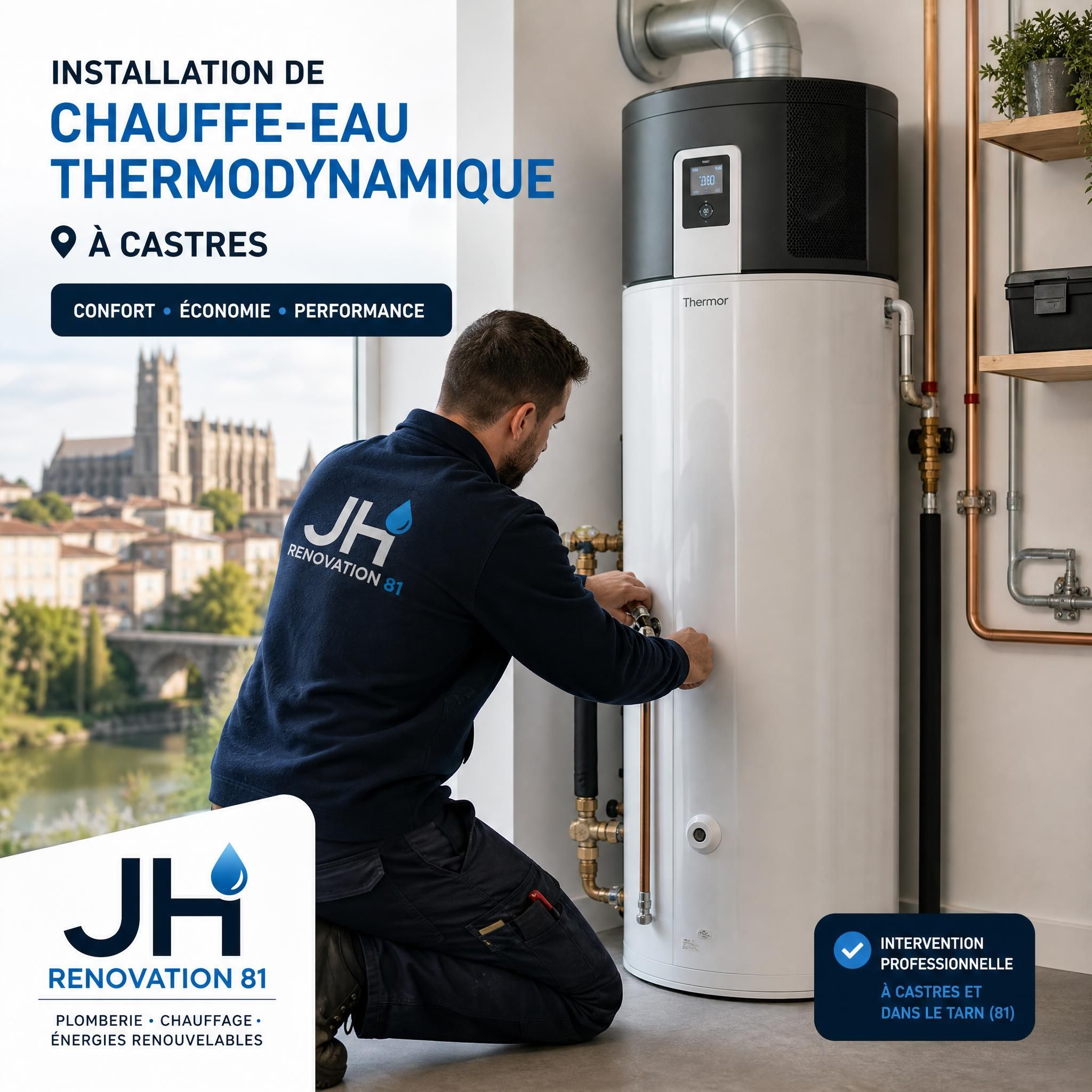 Artisan plombier JH Renovation 81 en train d'installer un chauffe-eau thermodynamique dans une maison à Castres — intervention professionnelle