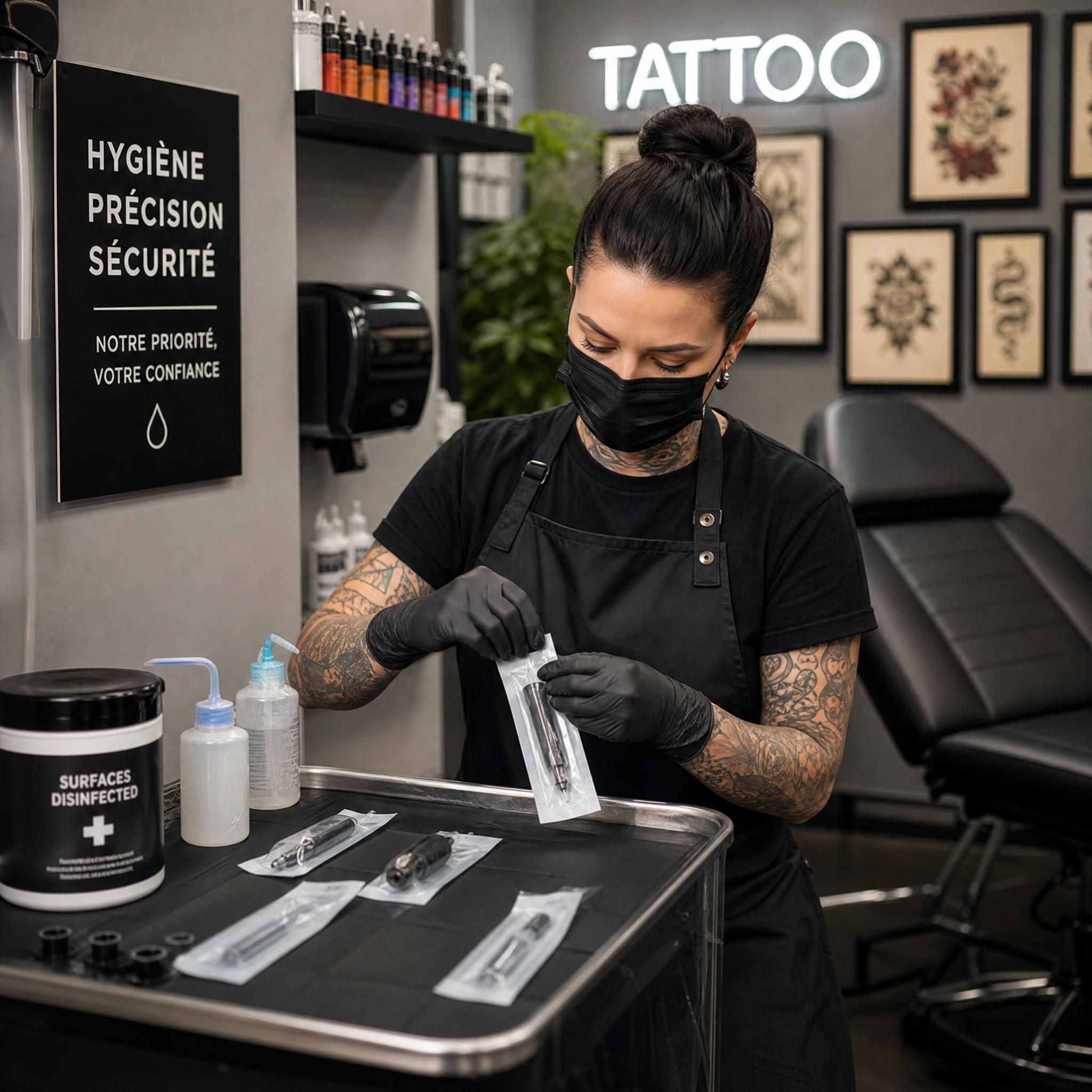 Professionnel du tatouage en tenue de protection préparant son poste de travail avec matériel stérile — hygiène et salubrité en studio