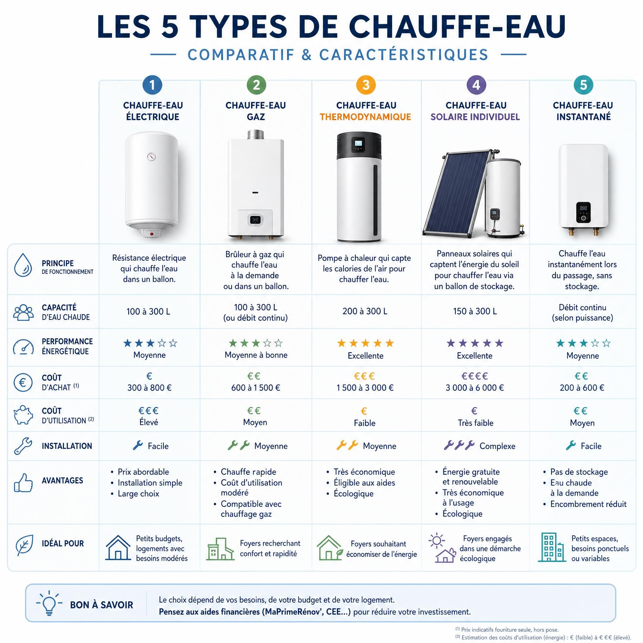 Schéma comparatif illustrant les 5 types de chauffe-eau avec leurs caractéristiques principales — infographie technique